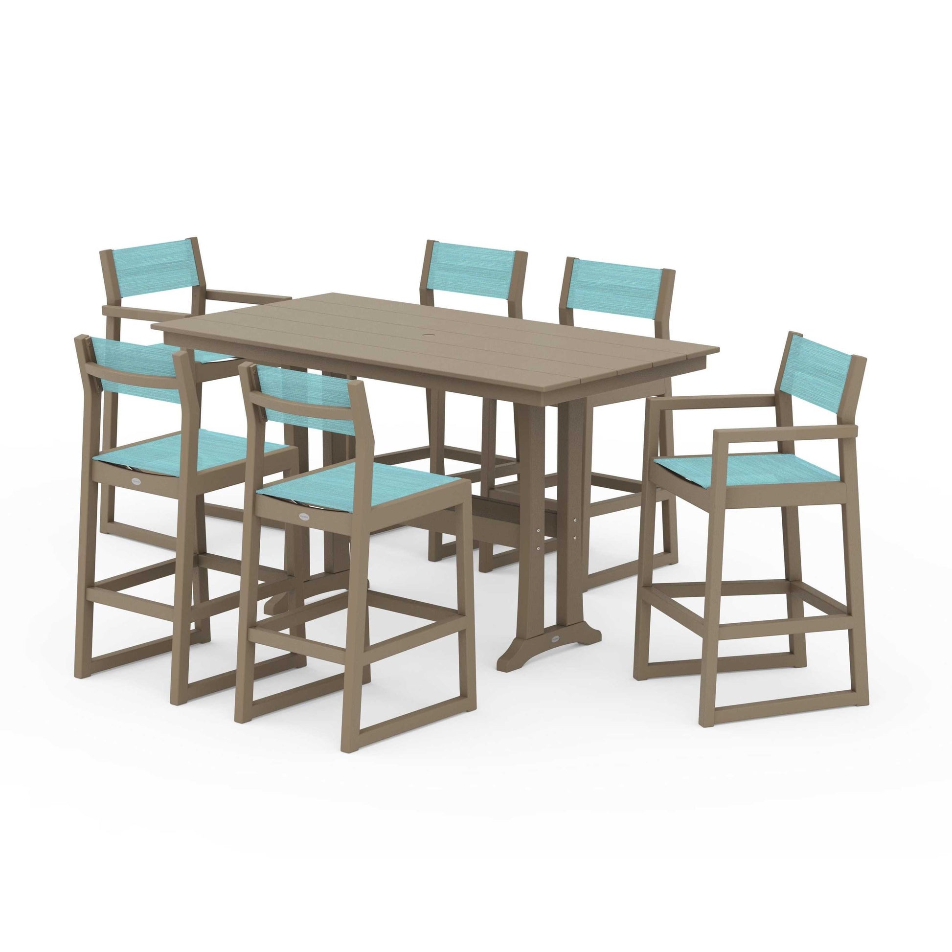 POLYWOOD EDGE Sling 7-Piece Farmhouse Bar Set with Trestle Legs — Vintage Sahara / Dupioni Aquamarine Sling