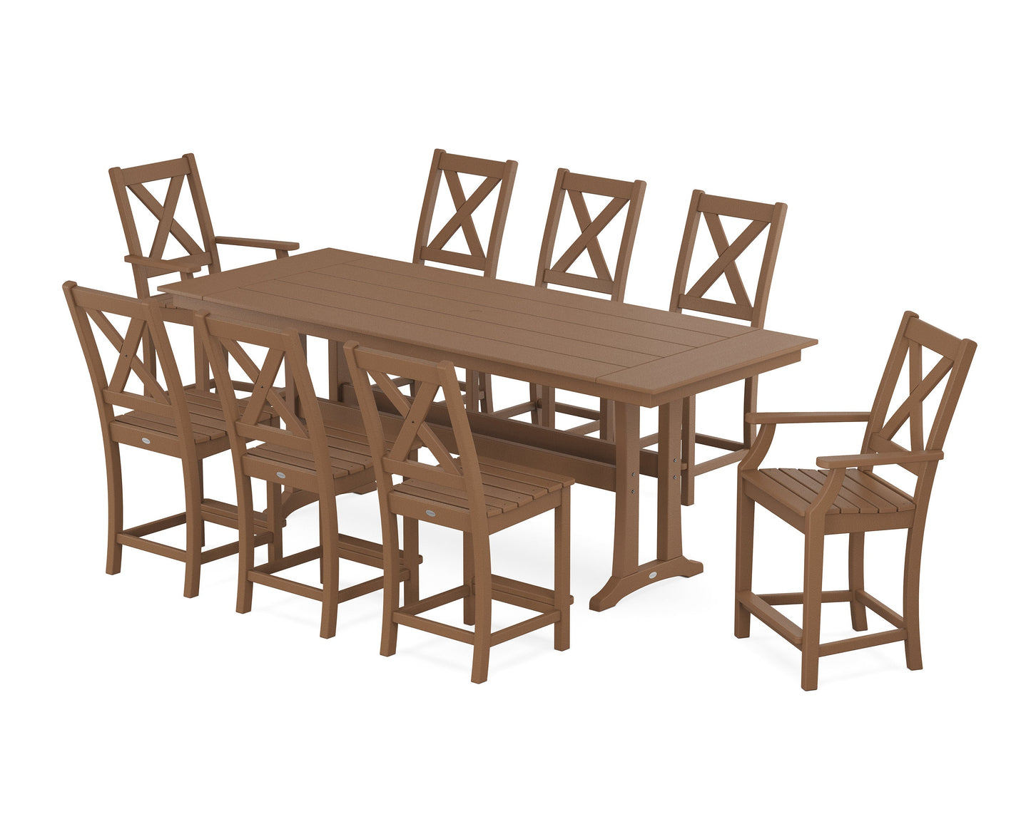 POLYWOOD Braxton 9-Piece Farmhouse Counter Set with Trestle Legs — Teak