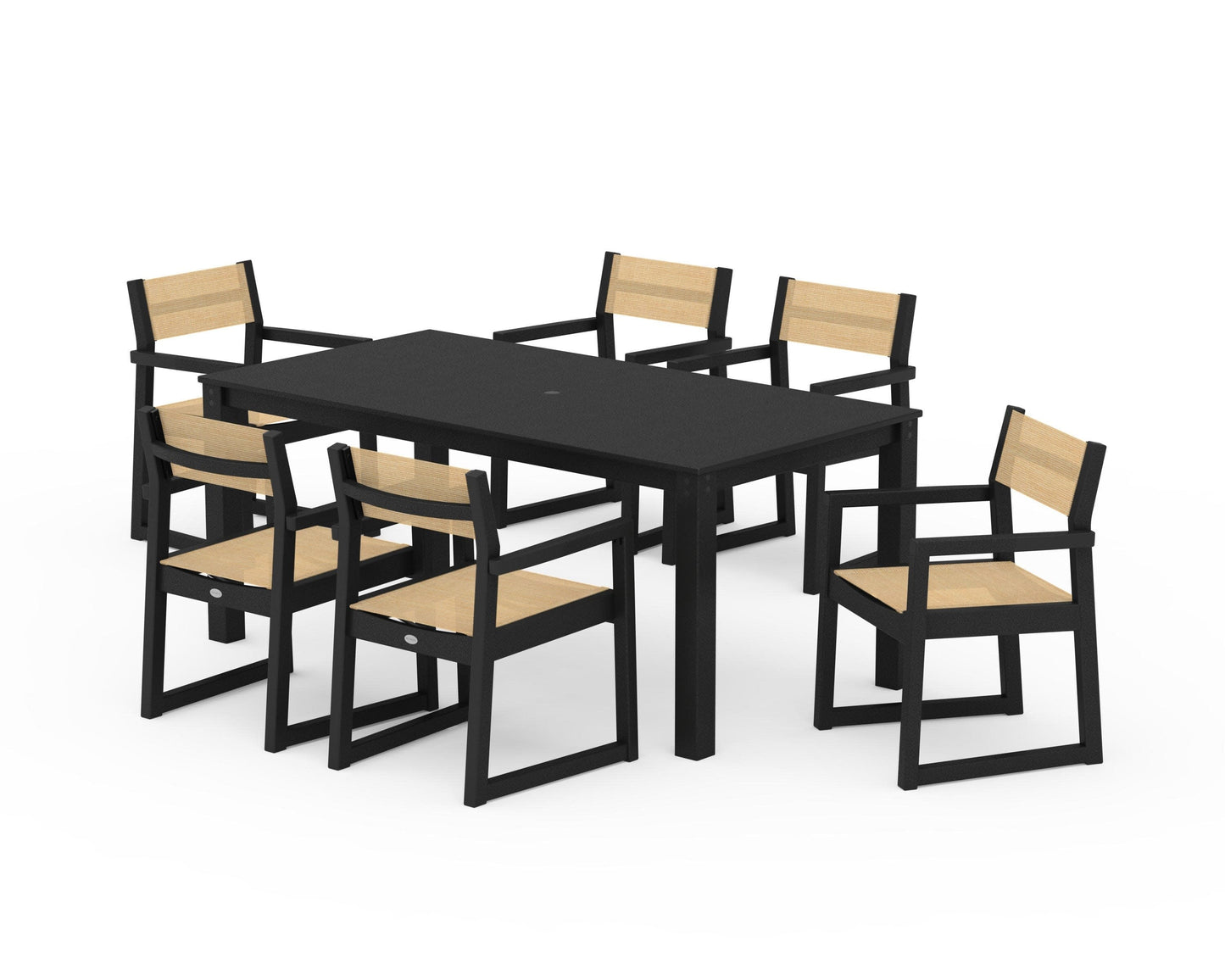 POLYWOOD EDGE Sling Arm Chair 7-Piece Parsons Dining Set — Black / Dupioni Apricot Sling