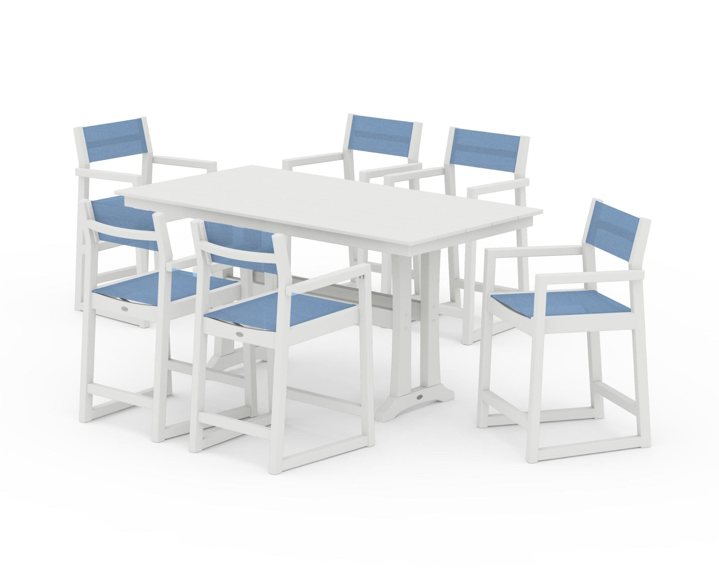 POLYWOOD EDGE Sling Arm Chair 7-Piece Farmhouse Counter Set with Trestle Legs — Vintage White / Poolside Sling