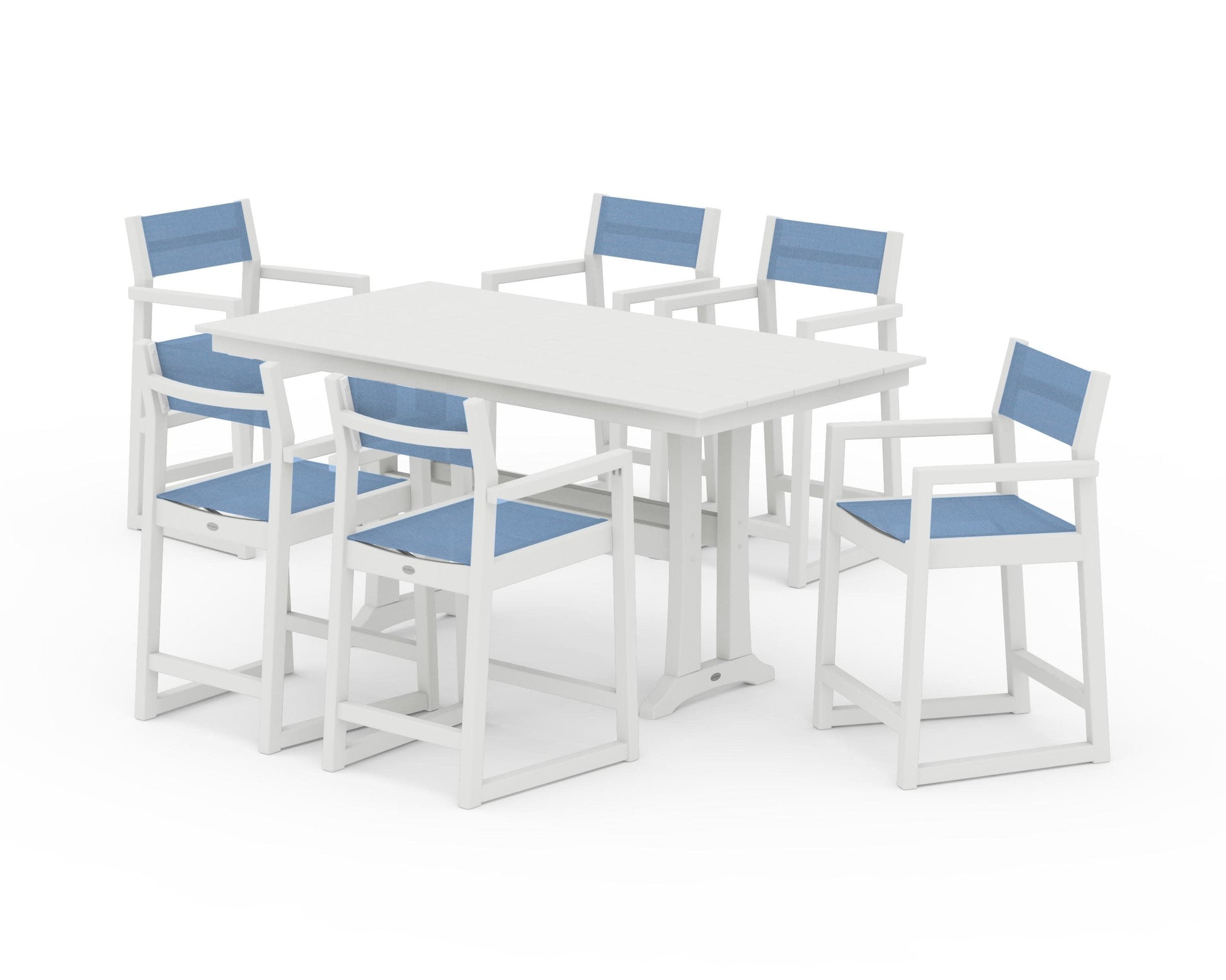 POLYWOOD EDGE Sling Arm Chair 7-Piece Farmhouse Counter Set with Trestle Legs — Vintage White / Poolside Sling