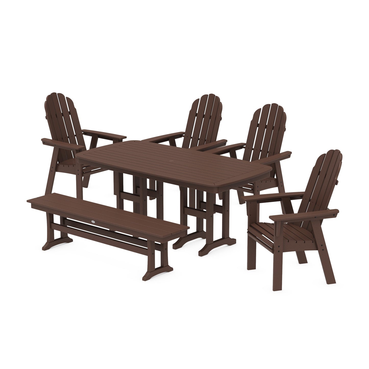 POLYWOOD Vineyard Curveback Adirondack Chair 6-Piece Dining Set with Bench — Mahogany
