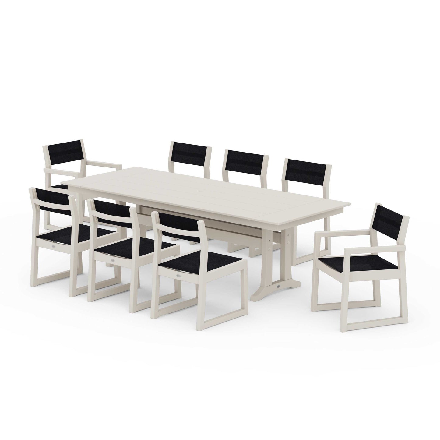 POLYWOOD EDGE Sling 9-Piece Farmhouse Trestle Dining Set — Sand / Black Sling