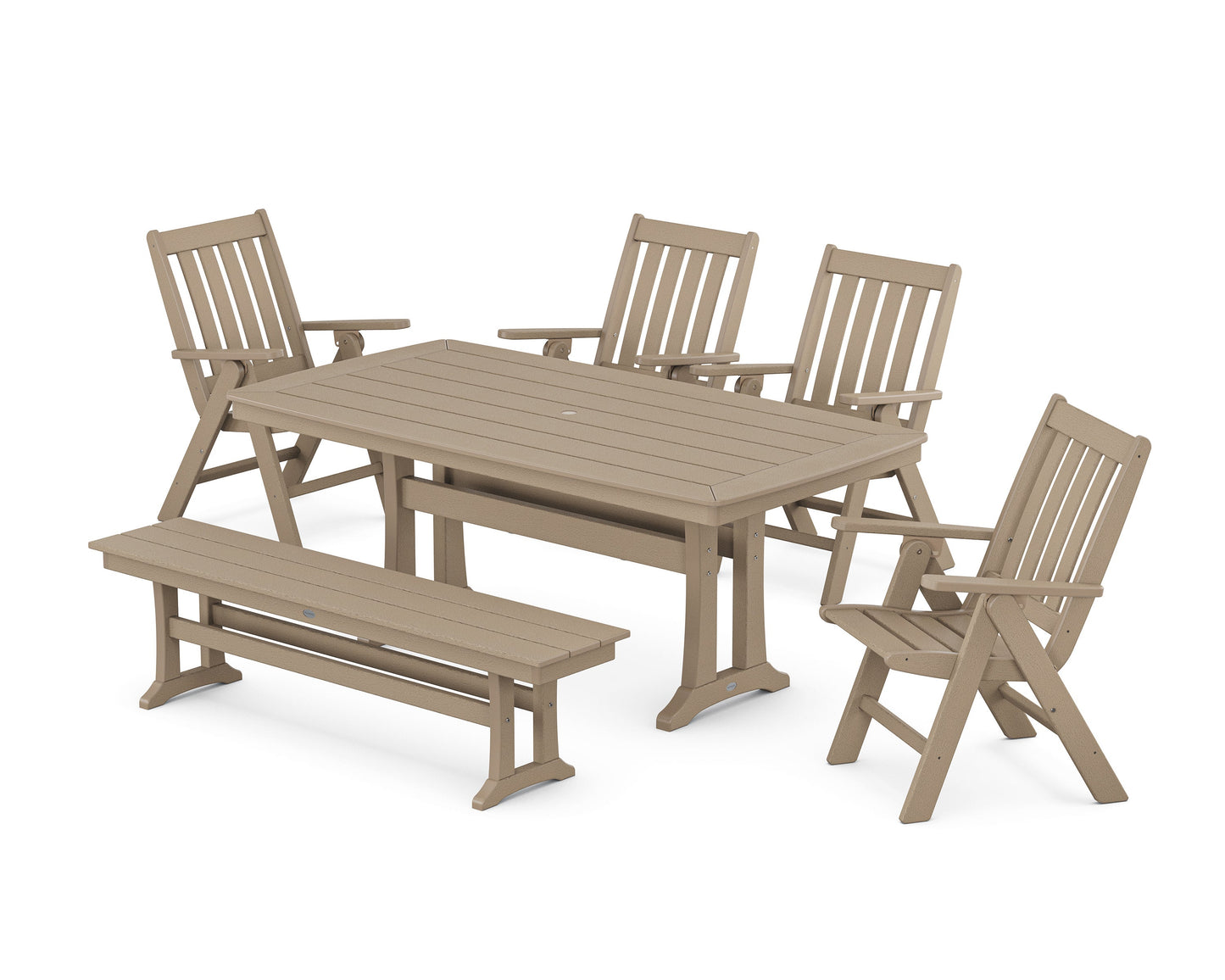 POLYWOOD Vineyard Folding Chair 6-Piece Dining Set with Trestle Legs and Bench — Vintage Sahara