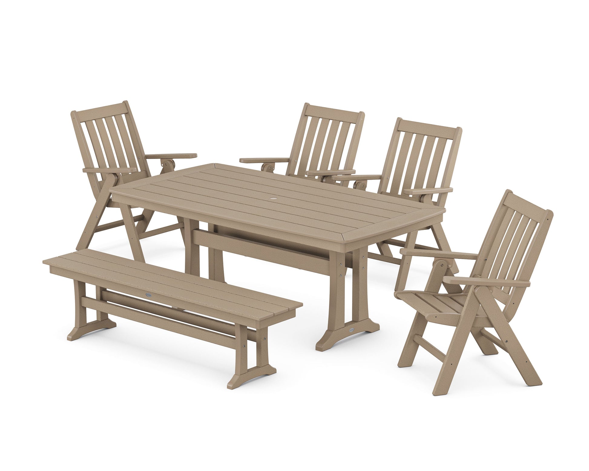 POLYWOOD Vineyard Folding Chair 6-Piece Dining Set with Trestle Legs and Bench — Vintage Sahara