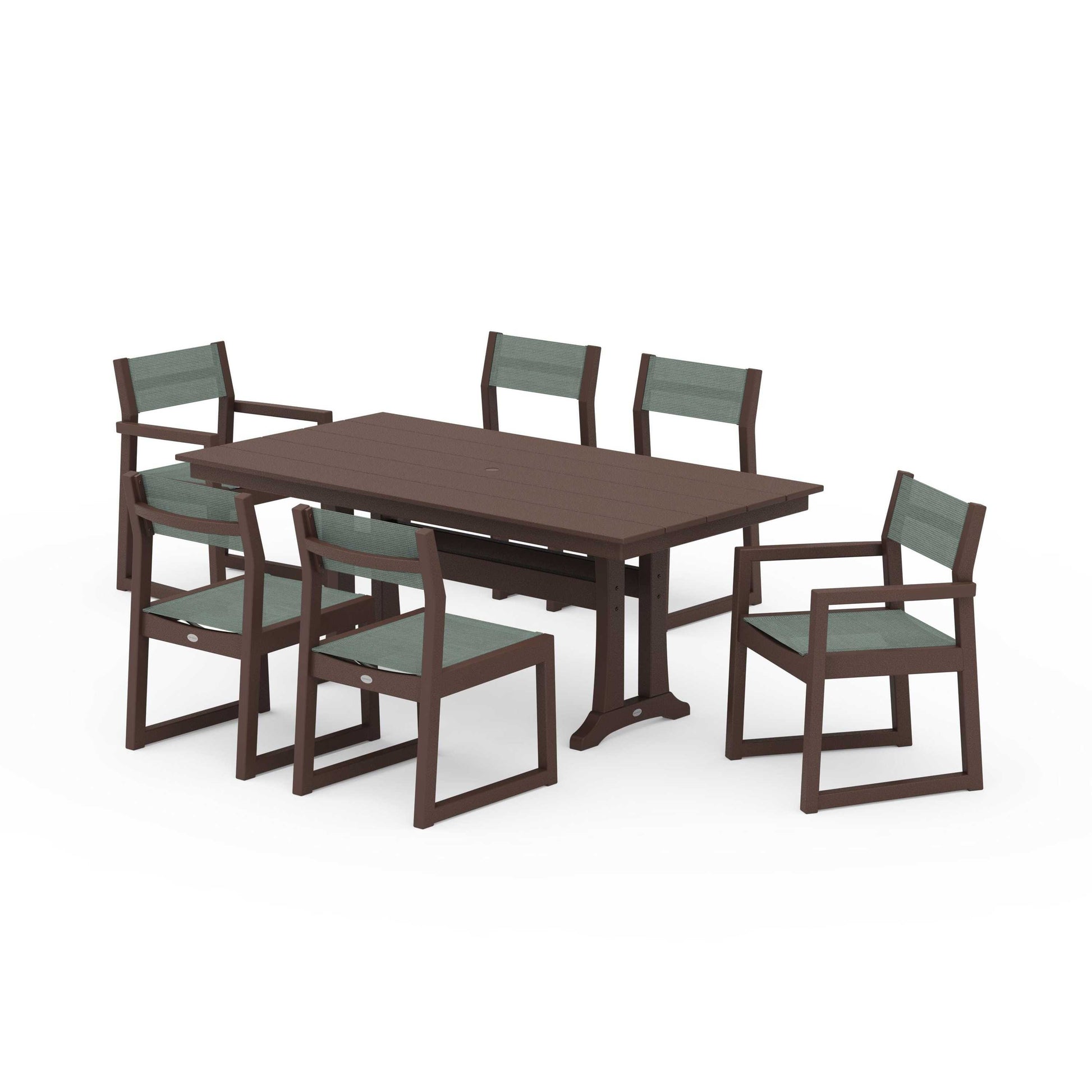 POLYWOOD EDGE Sling 7-Piece Farmhouse Trestle Dining Set — Mahogany / Dupioni Sea Mist Sling