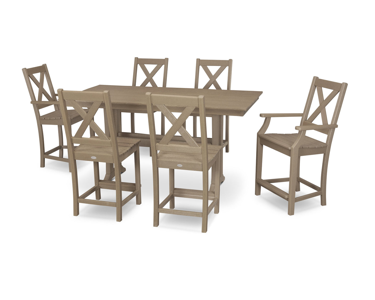 POLYWOOD Braxton 7-Piece Farmhouse Trestle Counter Set — Vintage Sahara