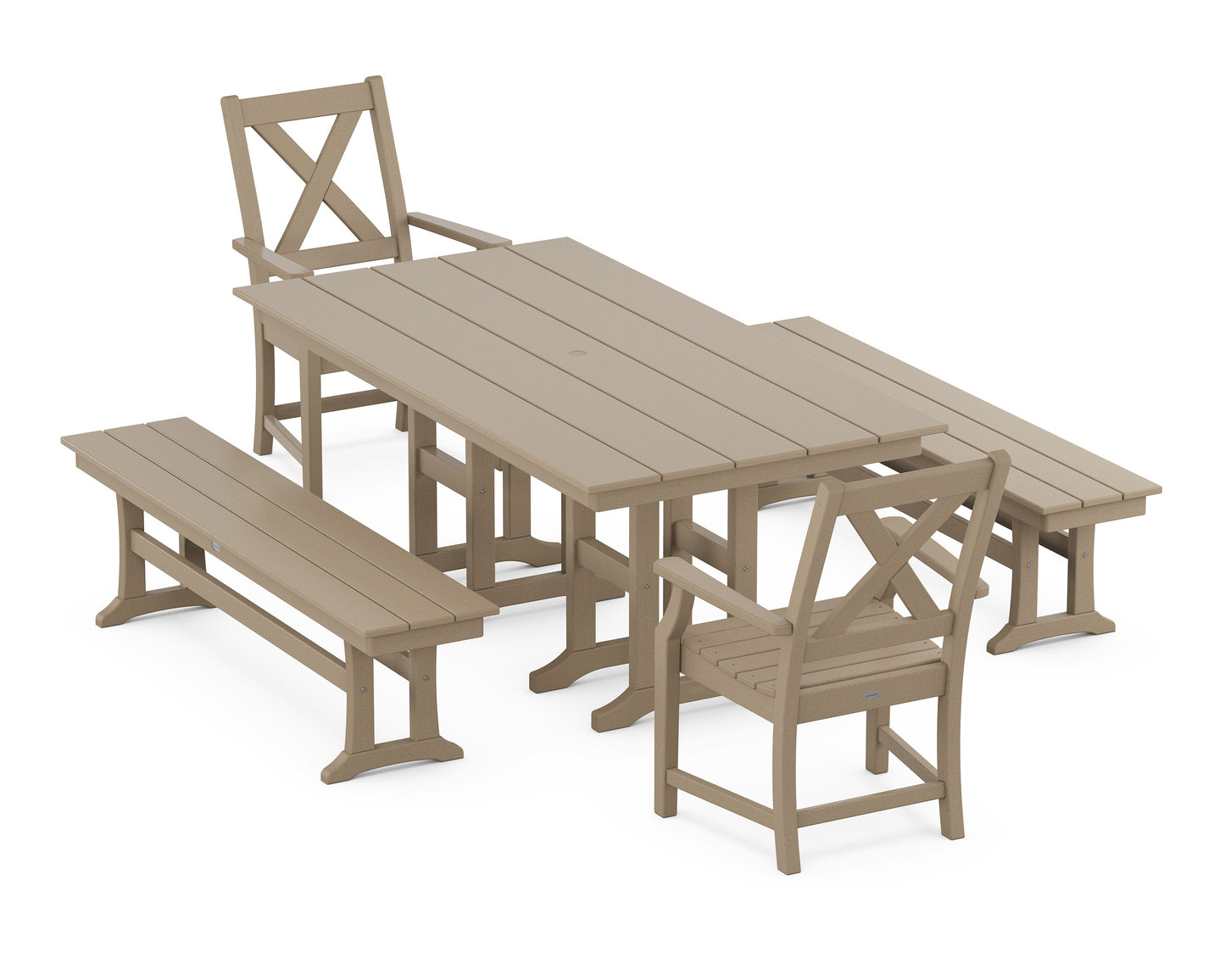 POLYWOOD Braxton 5-Piece Farmhouse Dining Set with Benches — Vintage Sahara