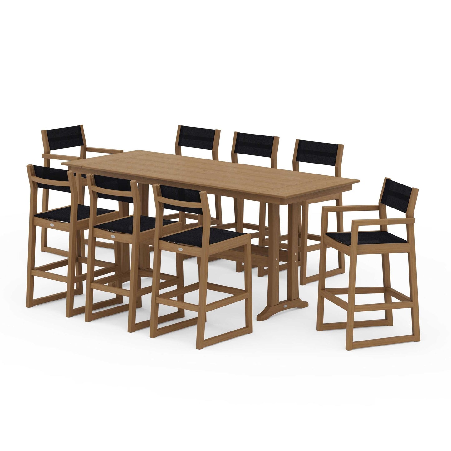 POLYWOOD EDGE Sling 9-Piece Farmhouse Bar Set with Trestle Legs — Natural / Black Sling