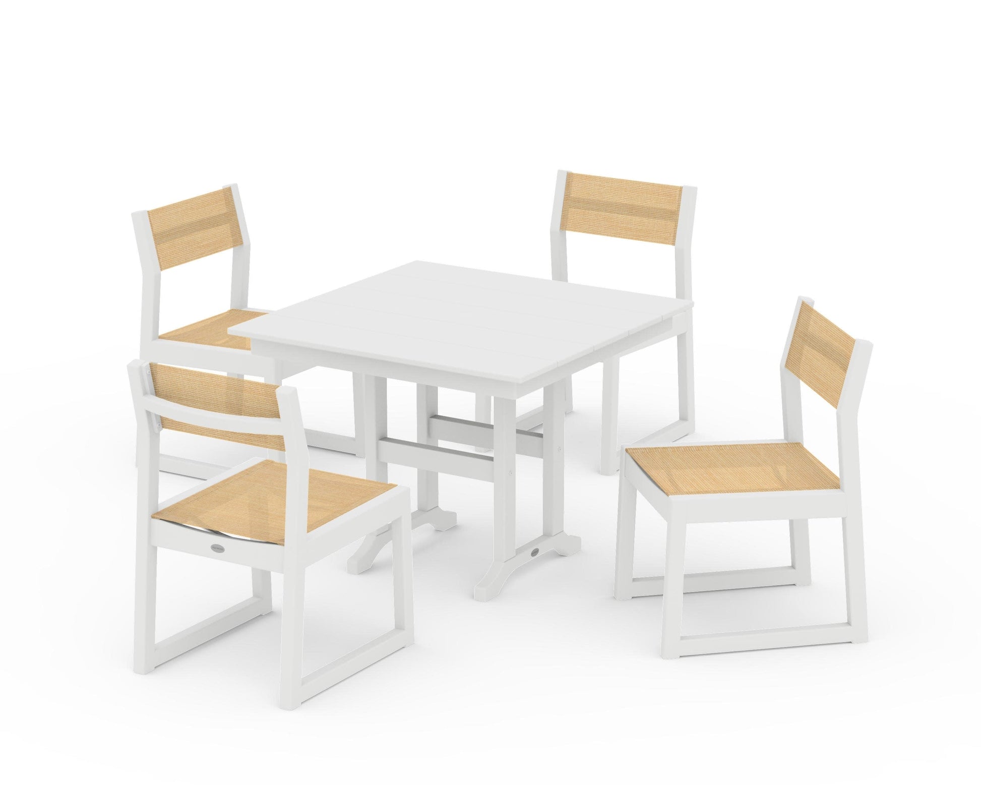 POLYWOOD EDGE Sling Side Chair 5-Piece Farmhouse Dining Set — White / Dupioni Apricot Sling