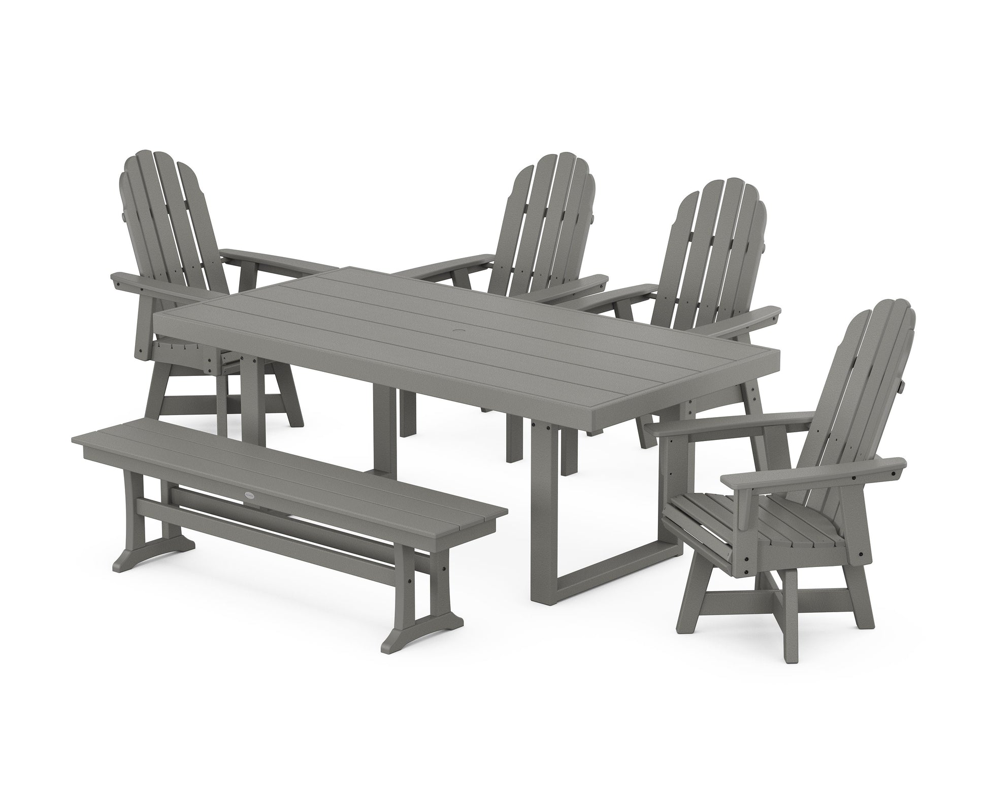POLYWOOD Vineyard Curveback Adirondack Swivel Chair 6-Piece Dining Set with Bench — Slate Grey