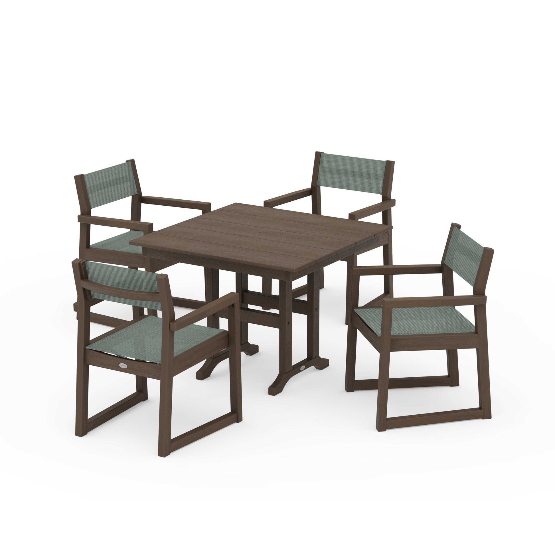 POLYWOOD EDGE Sling Arm Chair 5-Piece Farmhouse Dining Set — Kona / Dupioni Sea Mist Sling