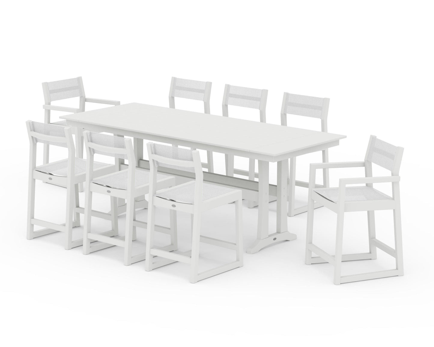 POLYWOOD EDGE Sling 9-Piece Farmhouse Counter Set with Trestle Legs — Vintage White / White Sling