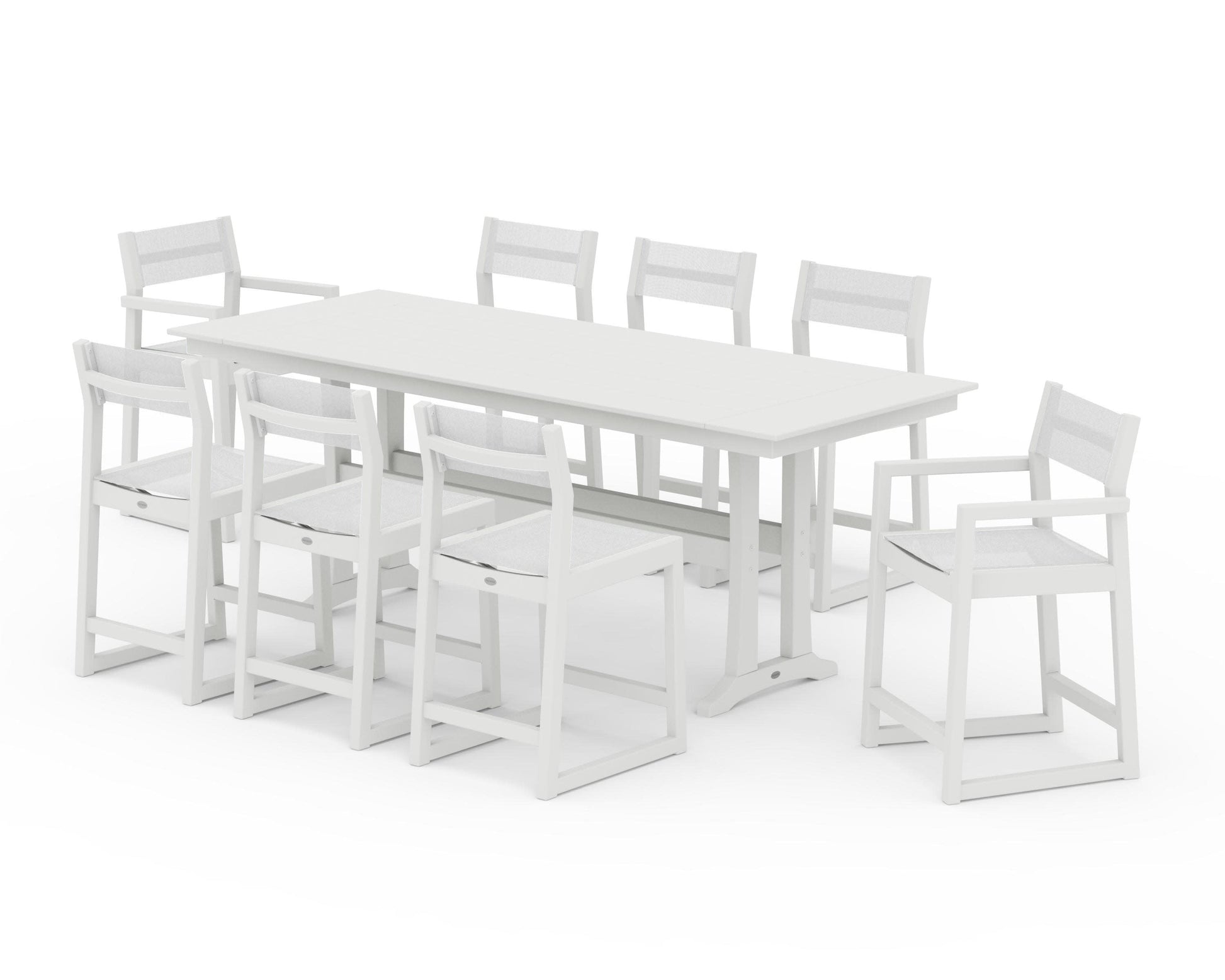 POLYWOOD EDGE Sling 9-Piece Farmhouse Counter Set with Trestle Legs — Vintage White / White Sling