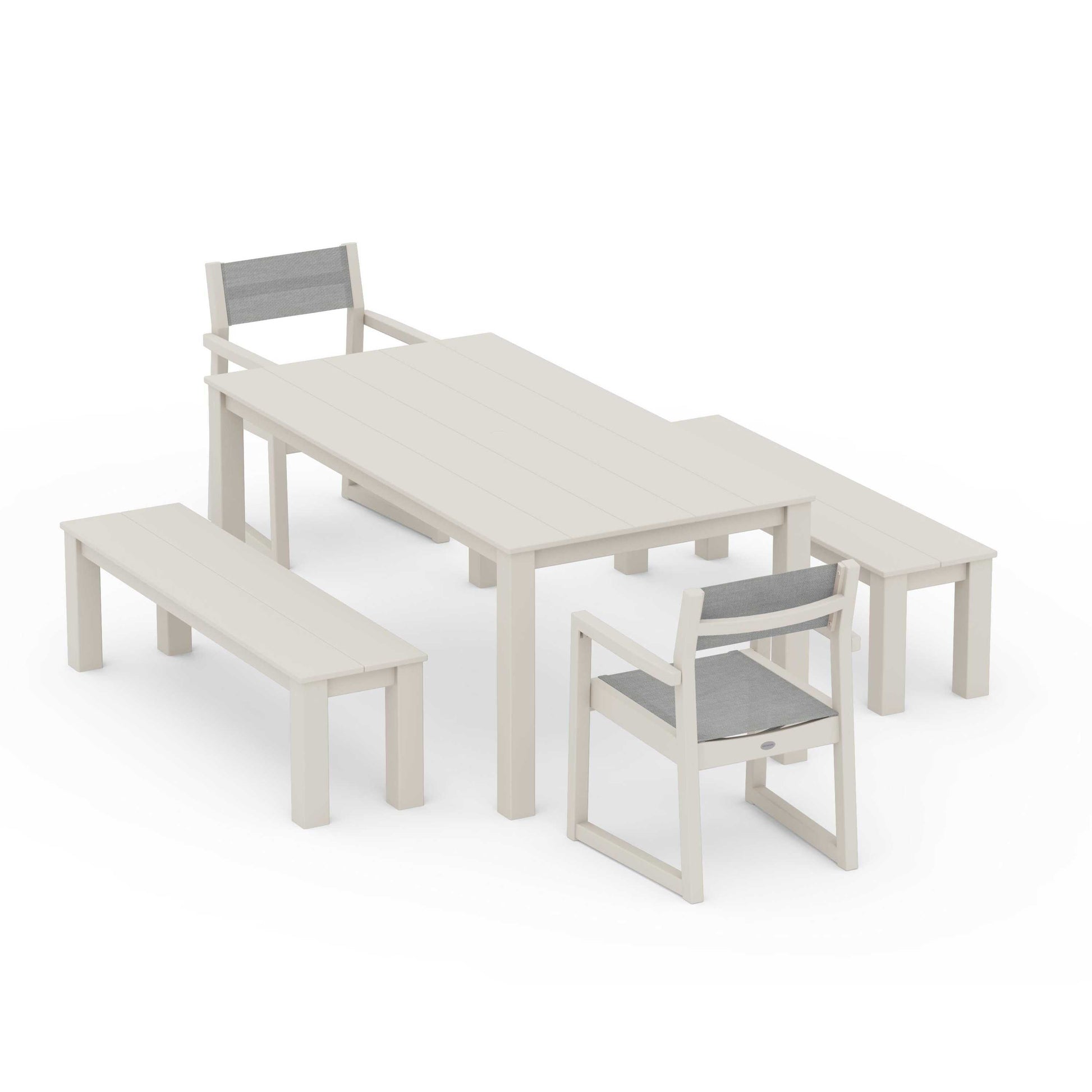POLYWOOD EDGE Sling Arm Chair 5-Piece Parsons Dining Set with Benches — Sand / Metallic Sling