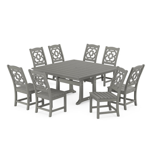 POLYWOOD Chinoiserie 9-Piece Square Side Chair Dining Set with Trestle Legs — Slate Grey