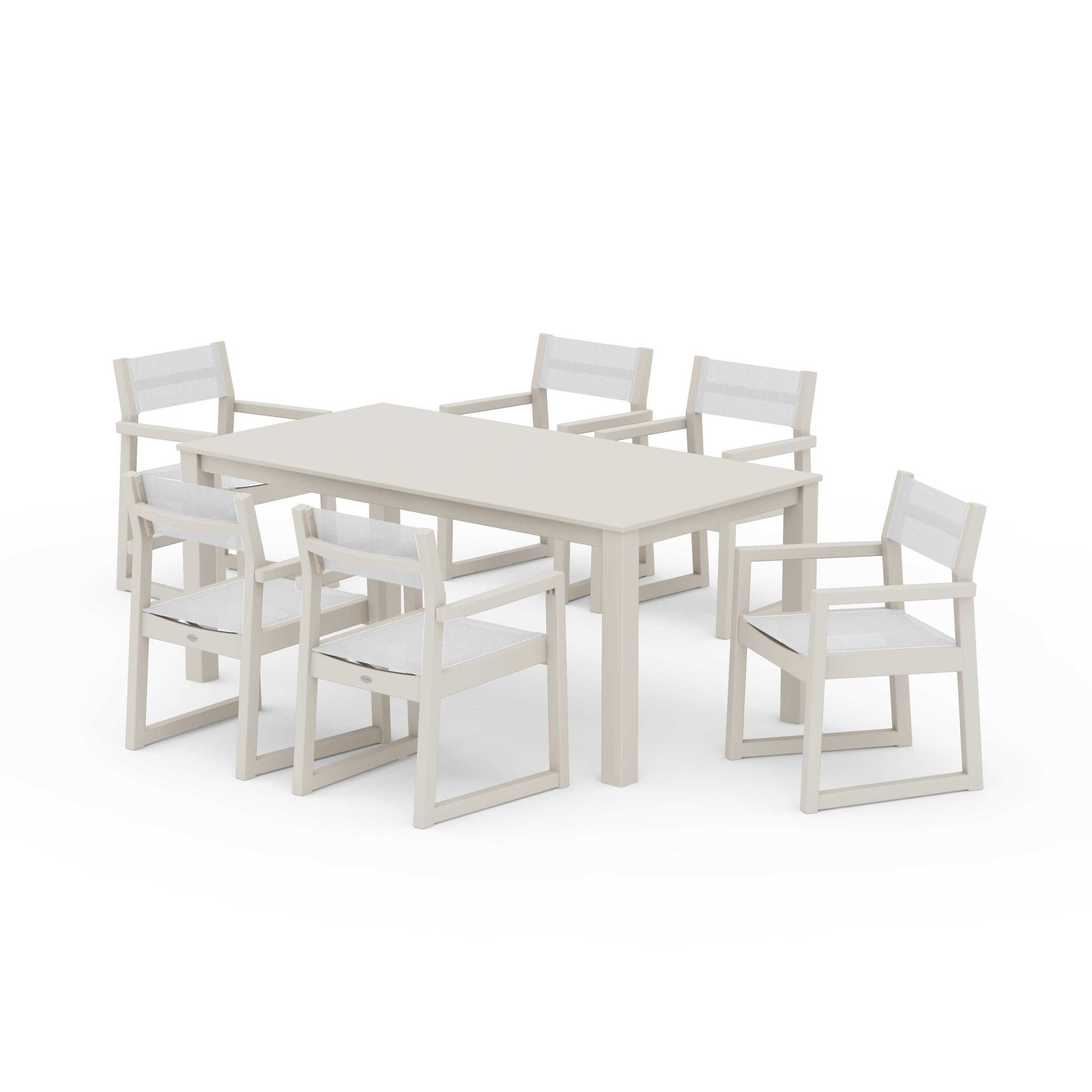 POLYWOOD EDGE Sling Arm Chair 7-Piece Parsons Dining Set — Sand / White Sling