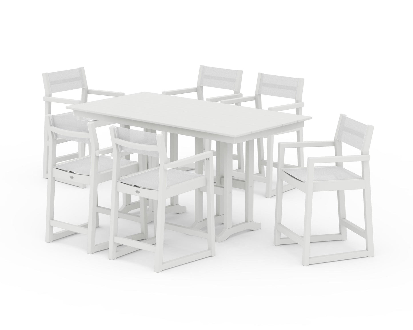 POLYWOOD EDGE Sling Arm Chair 7-Piece Farmhouse Counter Set — Vintage White / White Sling