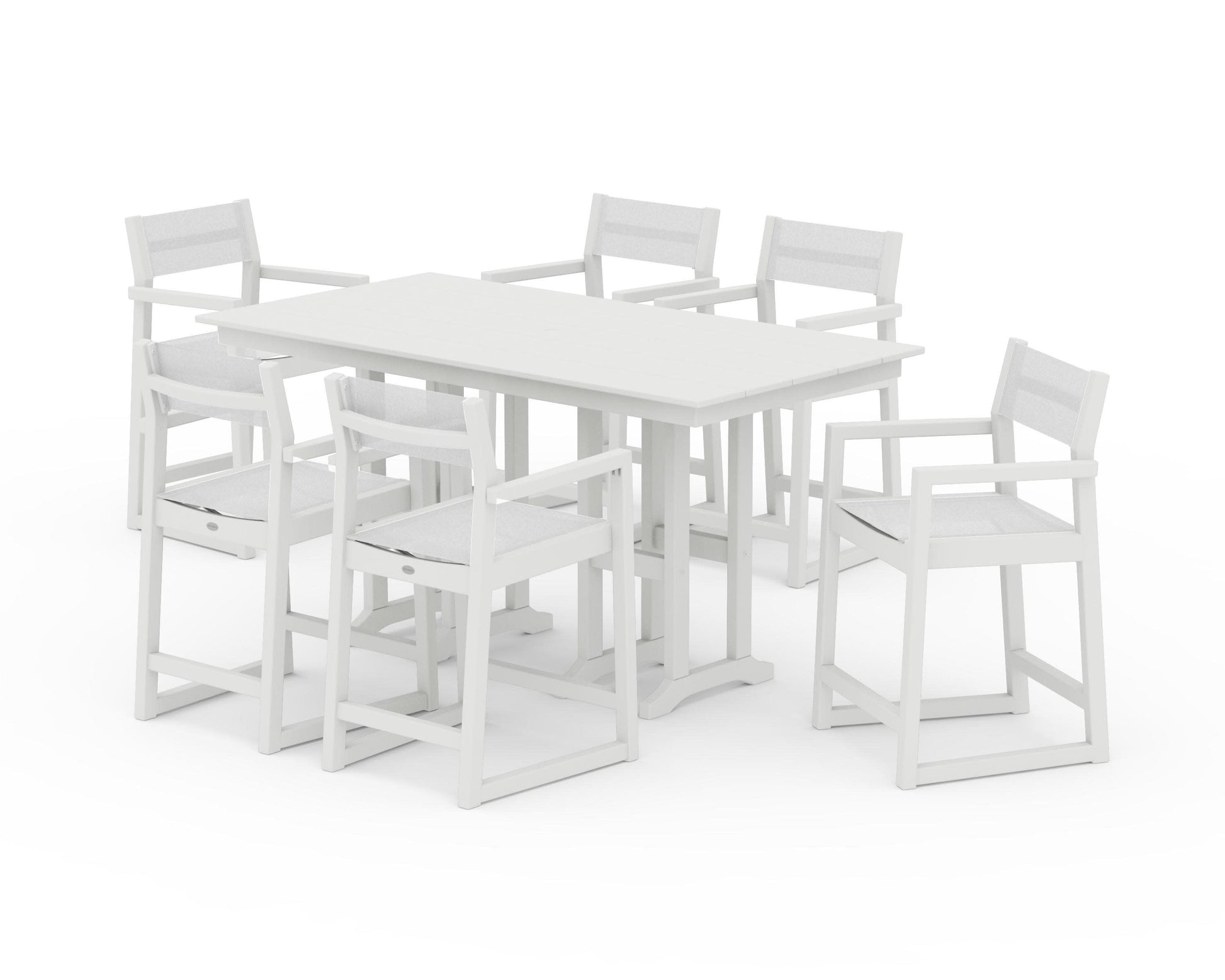 POLYWOOD EDGE Sling Arm Chair 7-Piece Farmhouse Counter Set — Vintage White / White Sling