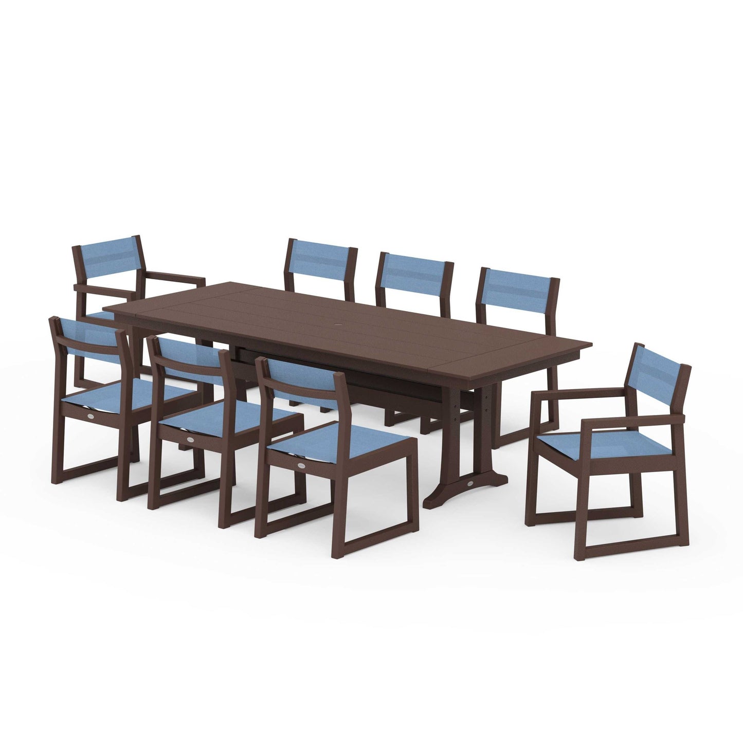 POLYWOOD EDGE Sling 9-Piece Farmhouse Trestle Dining Set — Mahogany / Poolside Sling