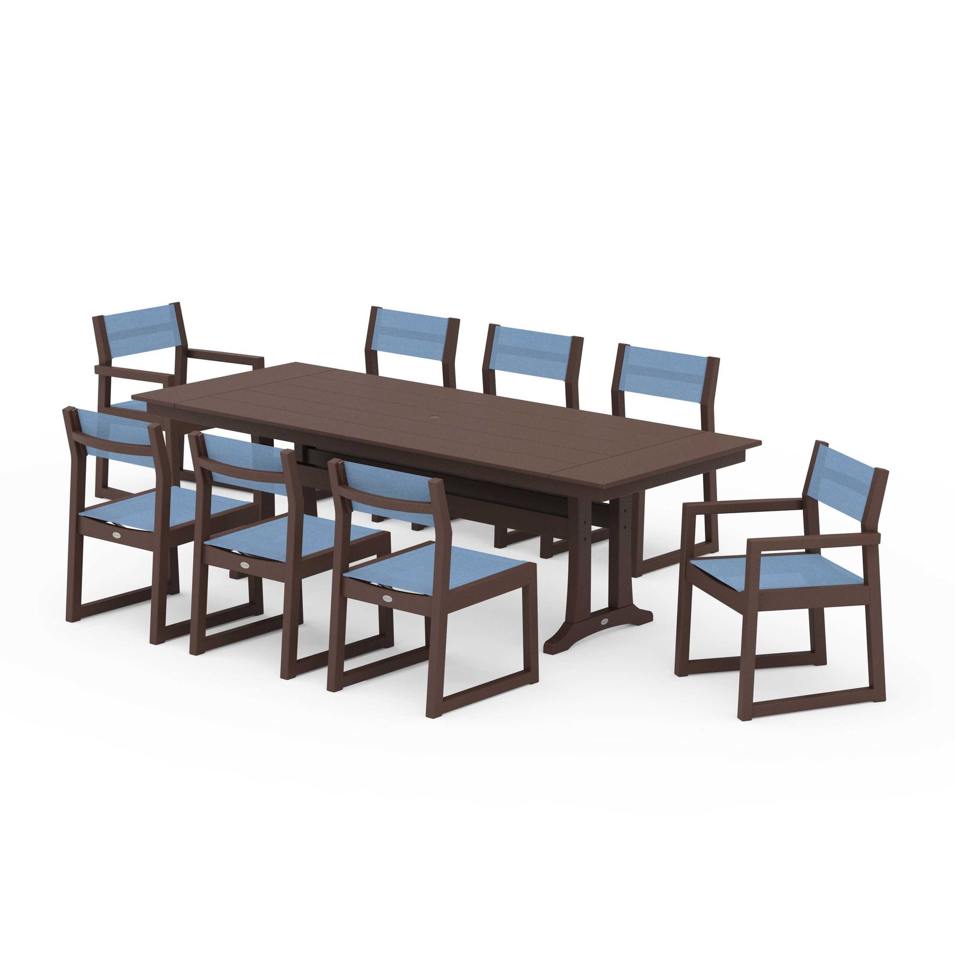 POLYWOOD EDGE Sling 9-Piece Farmhouse Trestle Dining Set — Mahogany / Poolside Sling
