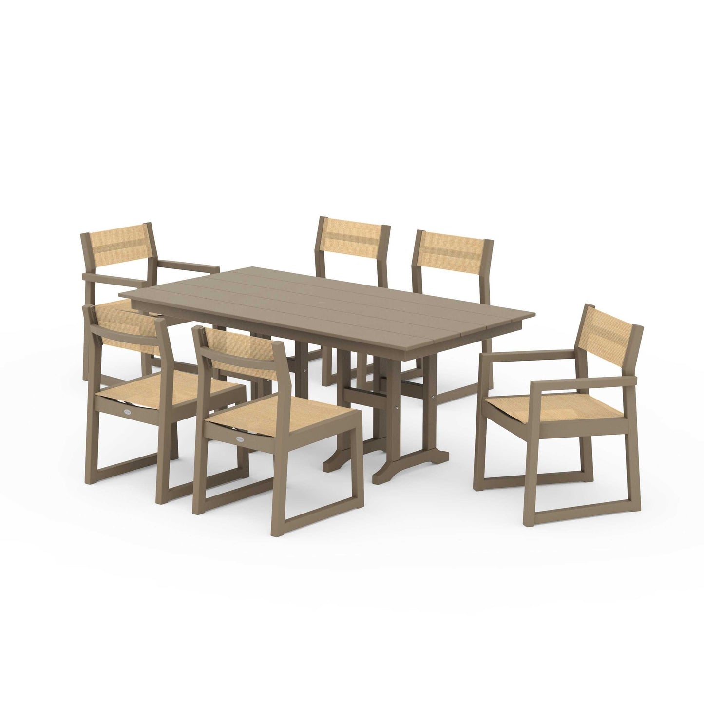 POLYWOOD EDGE Sling 7-Piece Farmhouse Dining Set — Vintage Sahara / Dupioni Apricot Sling
