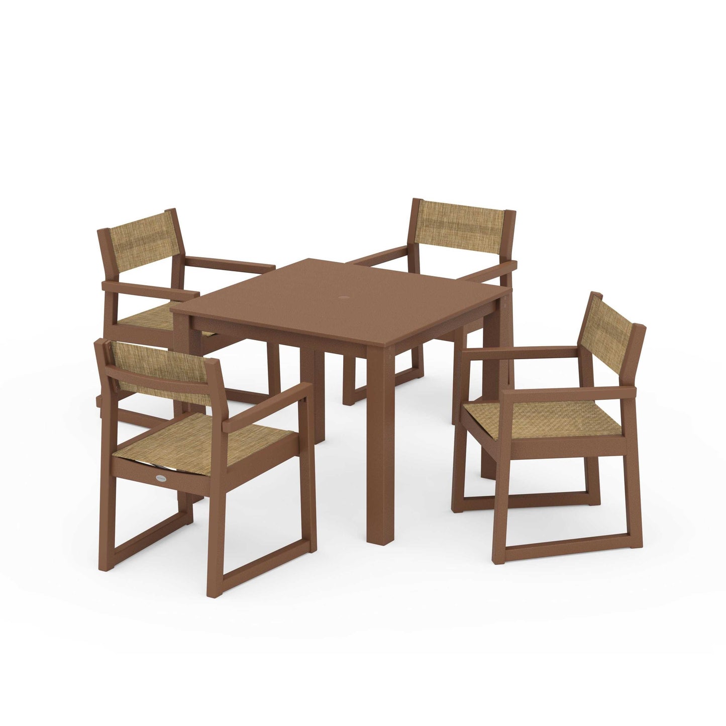 POLYWOOD EDGE Sling Arm Chair 5-Piece Parsons Dining Set — Teak / Burlap Sling