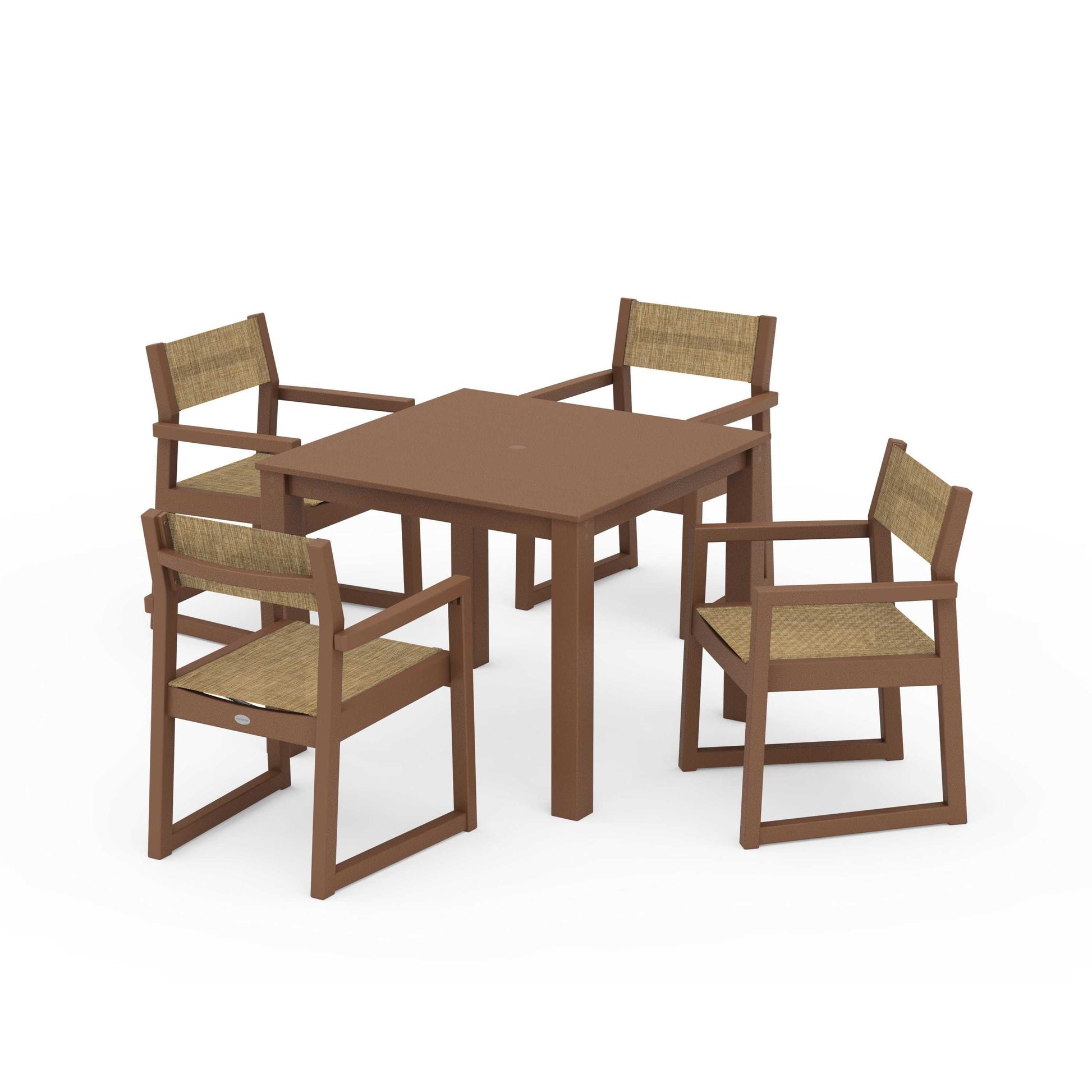 POLYWOOD EDGE Sling Arm Chair 5-Piece Parsons Dining Set — Teak / Burlap Sling