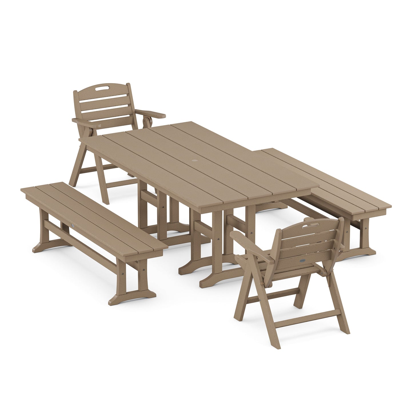 POLYWOOD Nautical Lowback 5-Piece Farmhouse Dining Set with Benches — Vintage Sahara