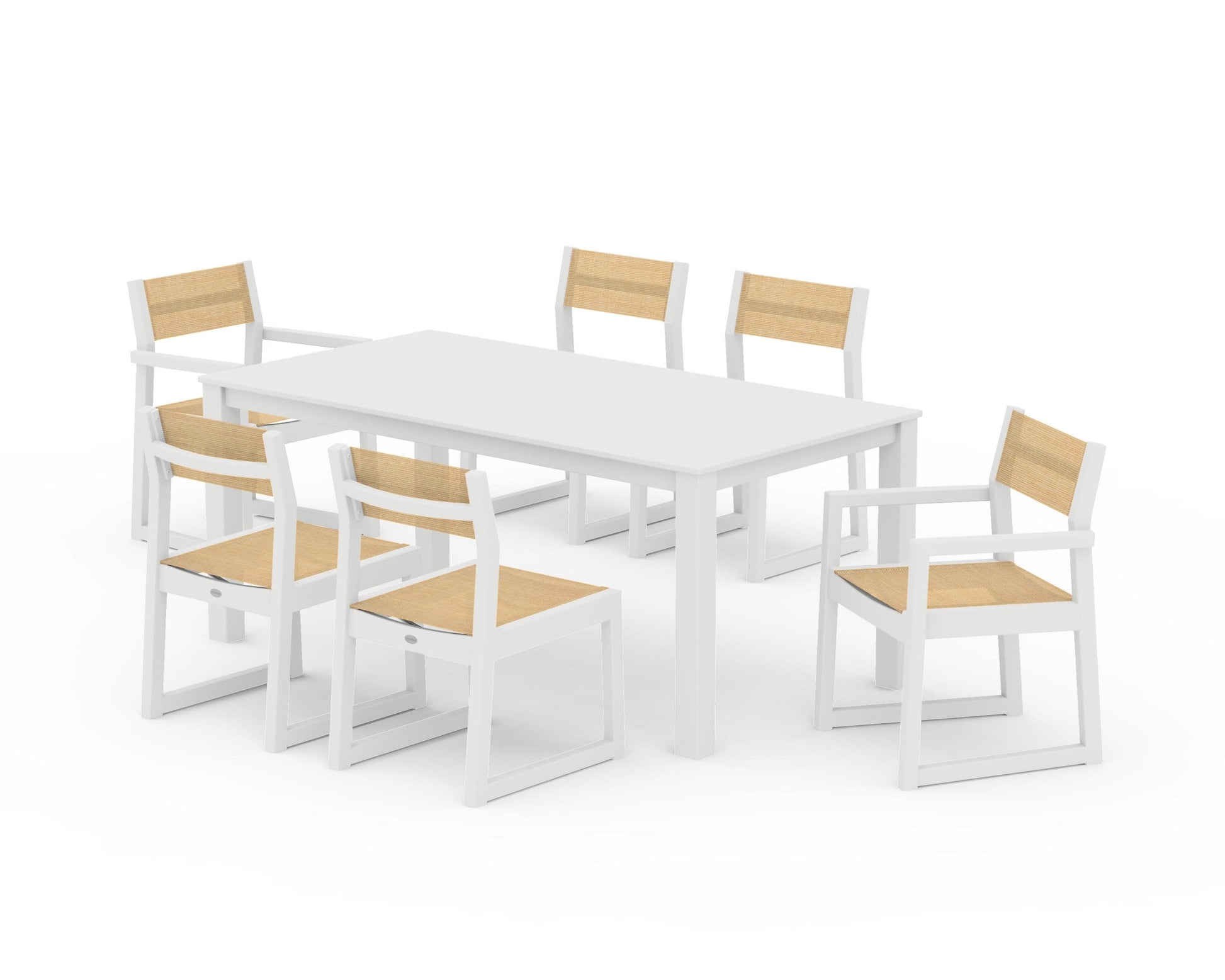 POLYWOOD EDGE Sling 7-Piece Parsons Dining Set — White / Dupioni Apricot Sling