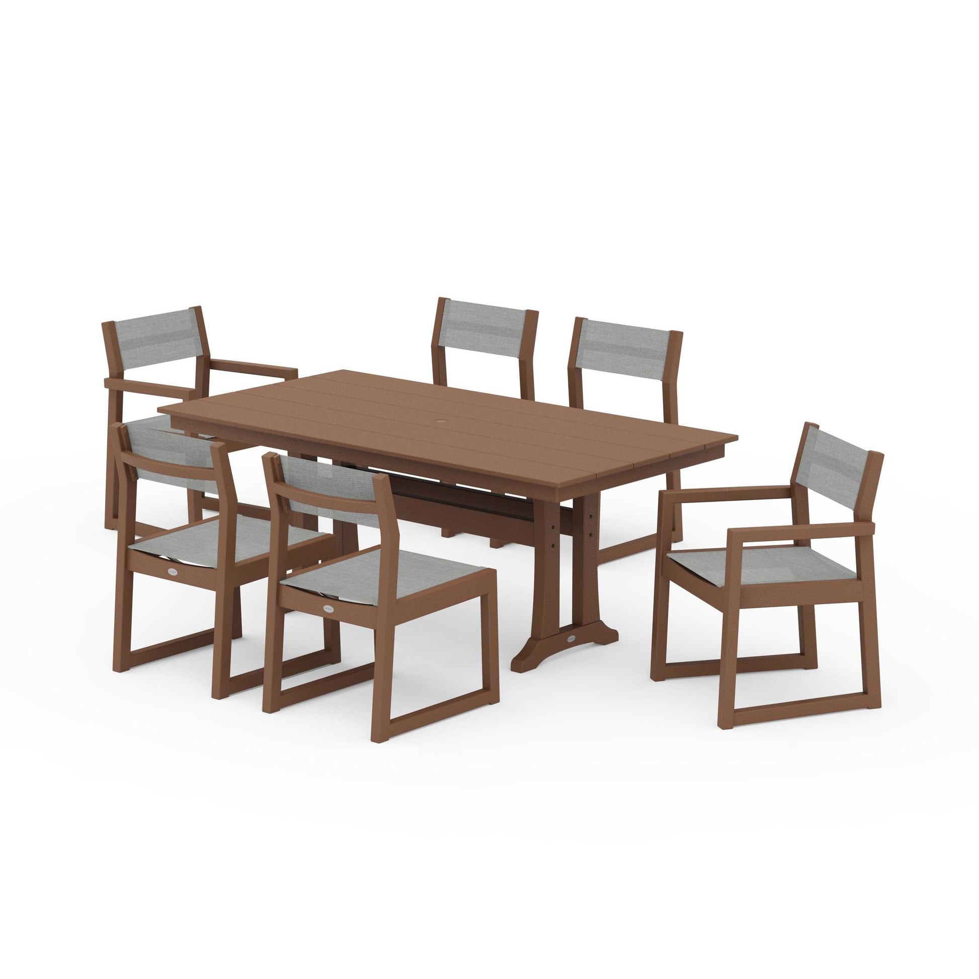 POLYWOOD EDGE Sling 7-Piece Farmhouse Trestle Dining Set — Teak / Metallic Sling