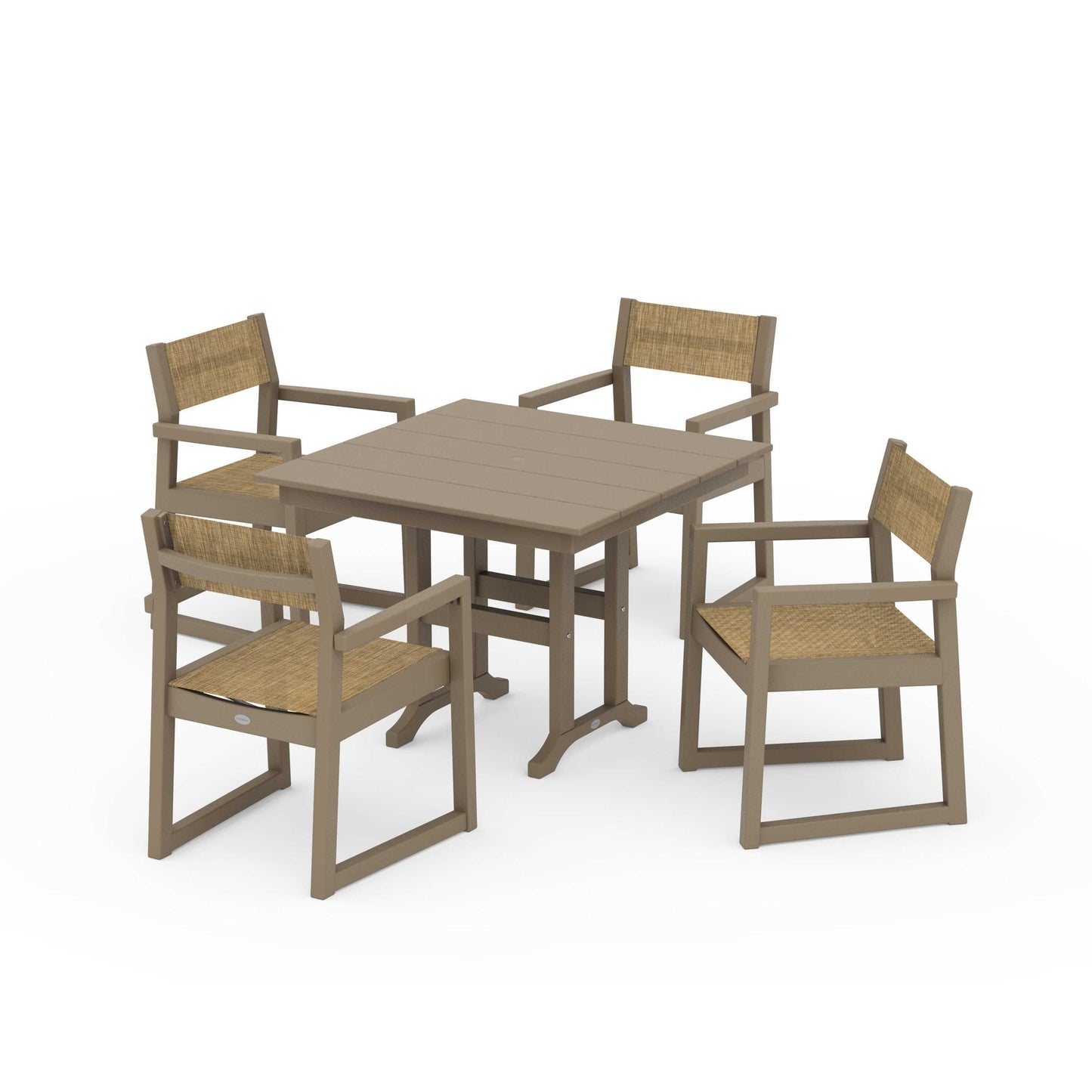POLYWOOD EDGE Sling Arm Chair 5-Piece Farmhouse Dining Set — Vintage Sahara / Burlap Sling