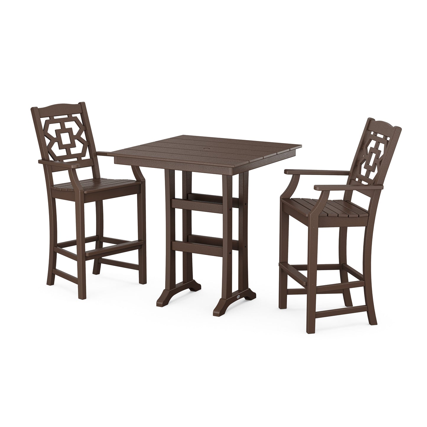 POLYWOOD Chinoiserie 3-Piece Farmhouse Bar Set with Trestle Legs — Mahogany