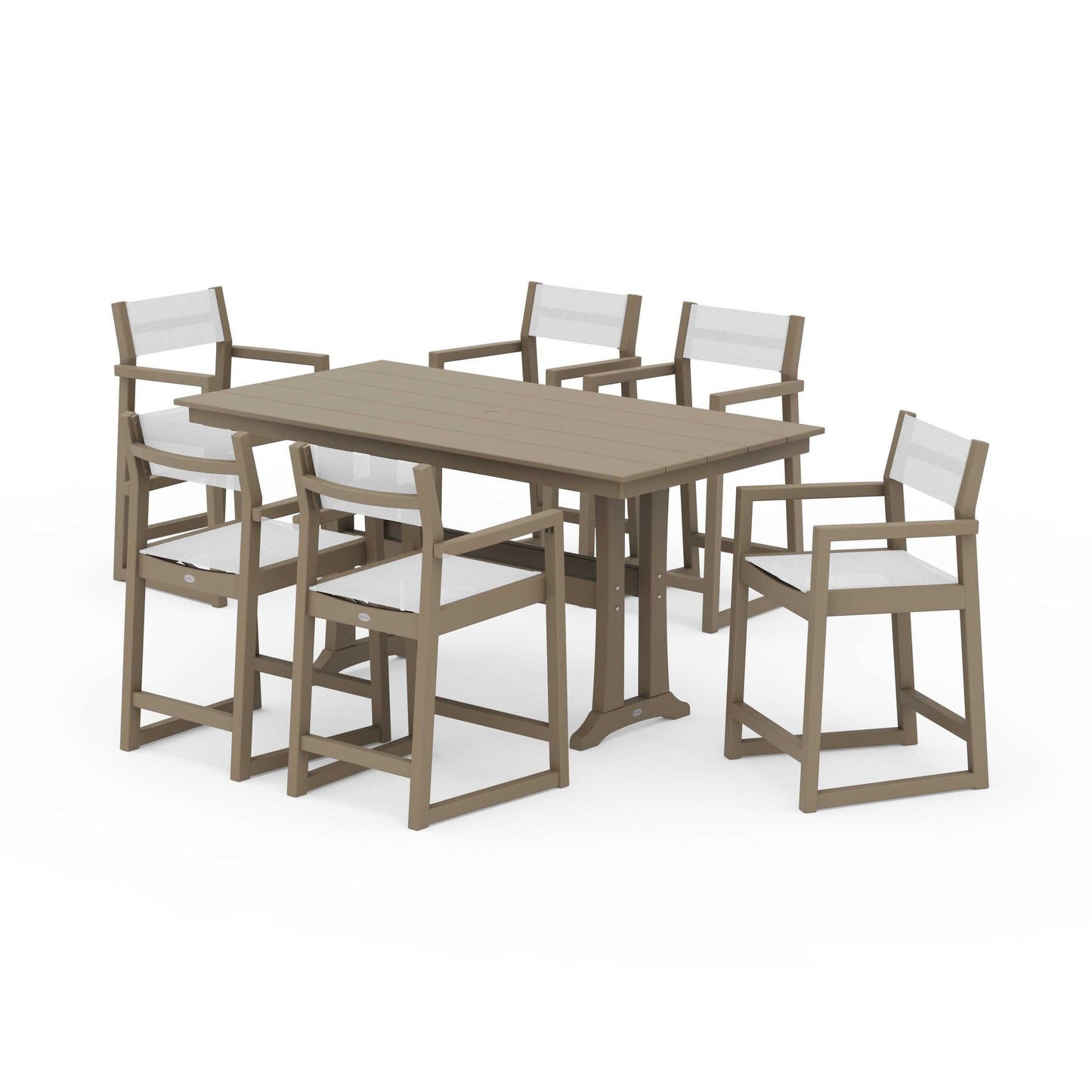 POLYWOOD EDGE Sling Arm Chair 7-Piece Farmhouse Counter Set with Trestle Legs — Vintage Sahara / White Sling