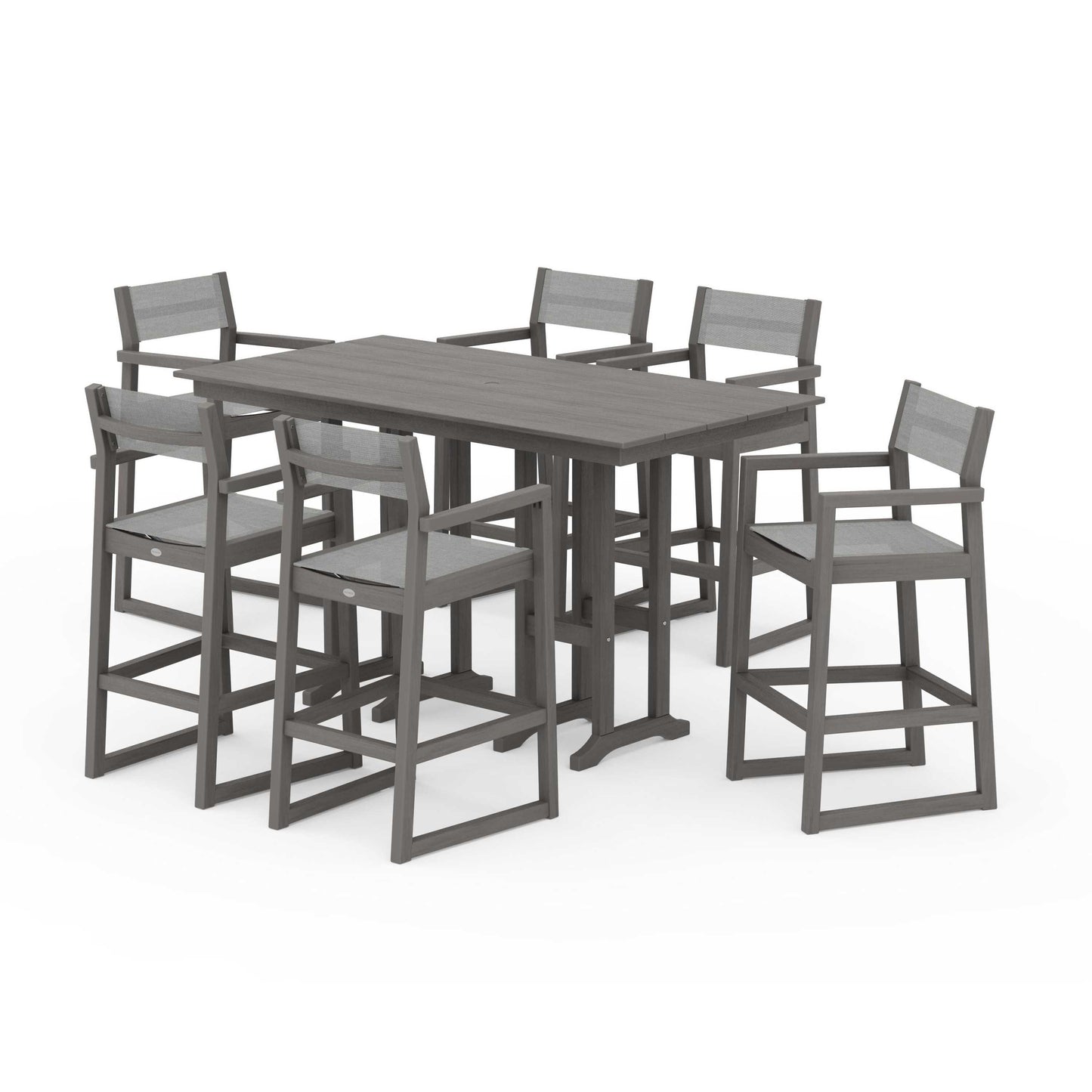 POLYWOOD EDGE Sling Arm Chair 7-Piece Farmhouse Bar Set — Driftwood / Metallic Sling