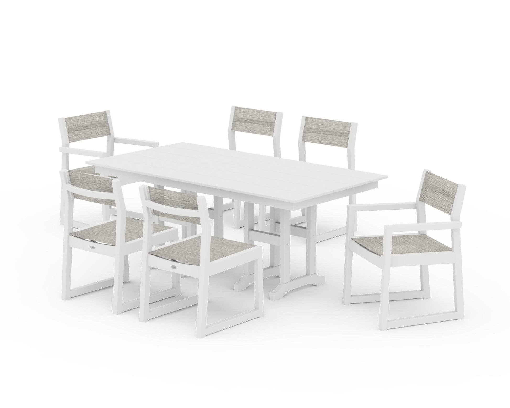 POLYWOOD EDGE Sling 7-Piece Farmhouse Dining Set — White / Birch Sling