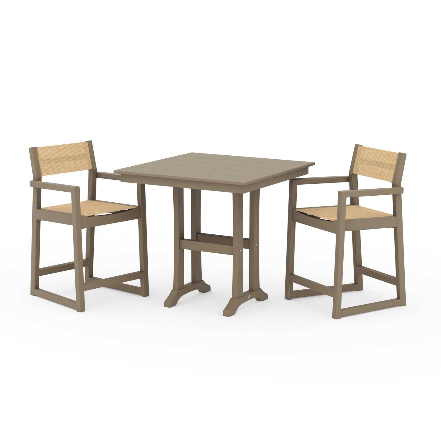 POLYWOOD EDGE Sling Arm Chair 3-Piece Farmhouse Counter Set with Trestle Legs — Vintage Sahara / Dupioni Apricot Sling