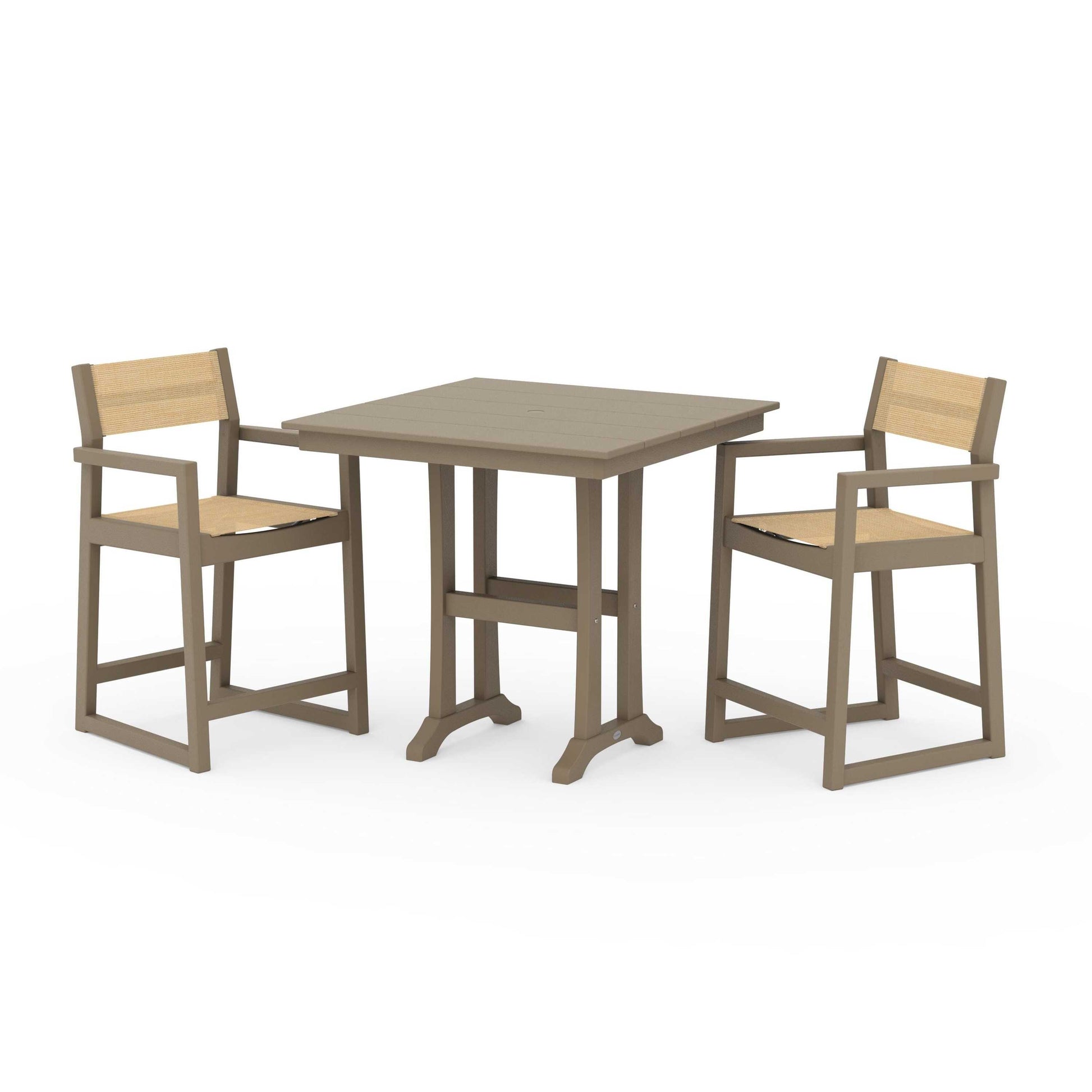 POLYWOOD EDGE Sling Arm Chair 3-Piece Farmhouse Counter Set with Trestle Legs — Vintage Sahara / Dupioni Apricot Sling