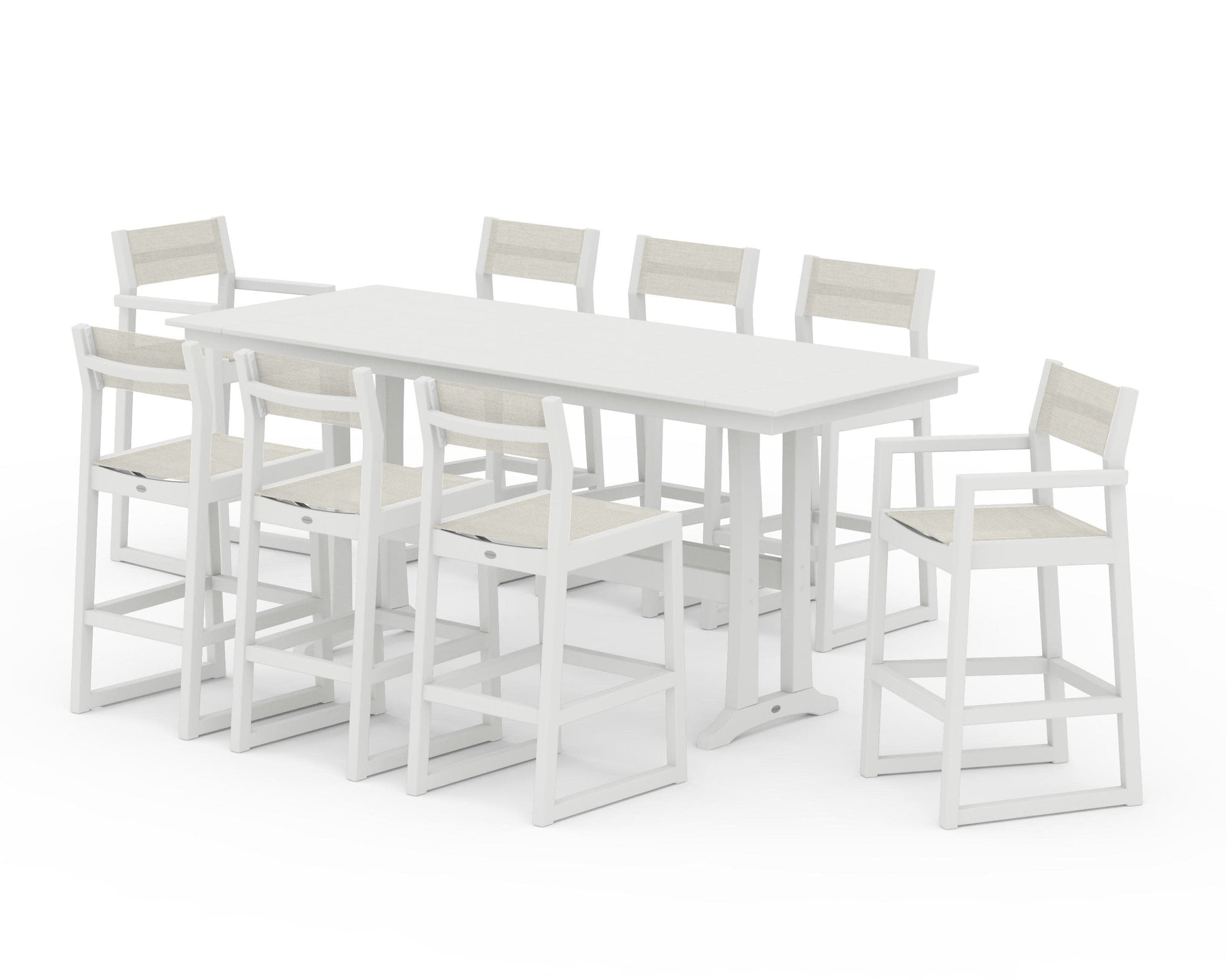 POLYWOOD EDGE Sling 9-Piece Farmhouse Bar Set with Trestle Legs — Vintage White / Parchment Sling