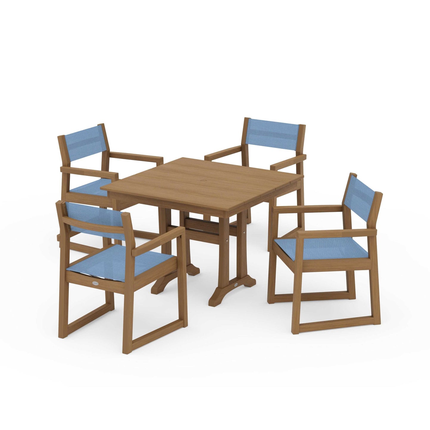 POLYWOOD EDGE Sling 5-Piece Farmhouse Dining Set with Trestle Legs — Natural / Poolside Sling