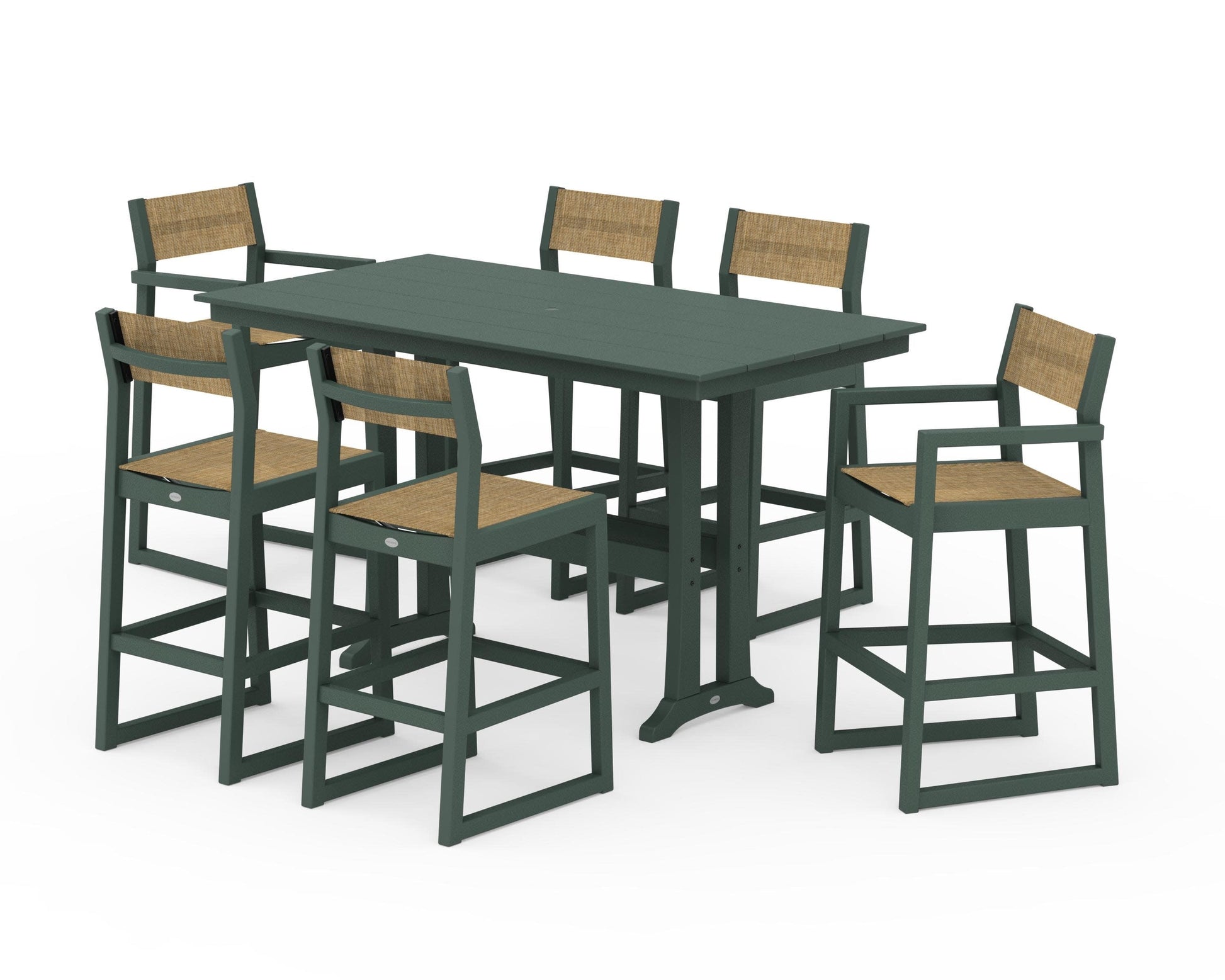 POLYWOOD EDGE Sling 7-Piece Farmhouse Bar Set with Trestle Legs — Green / Burlap Sling