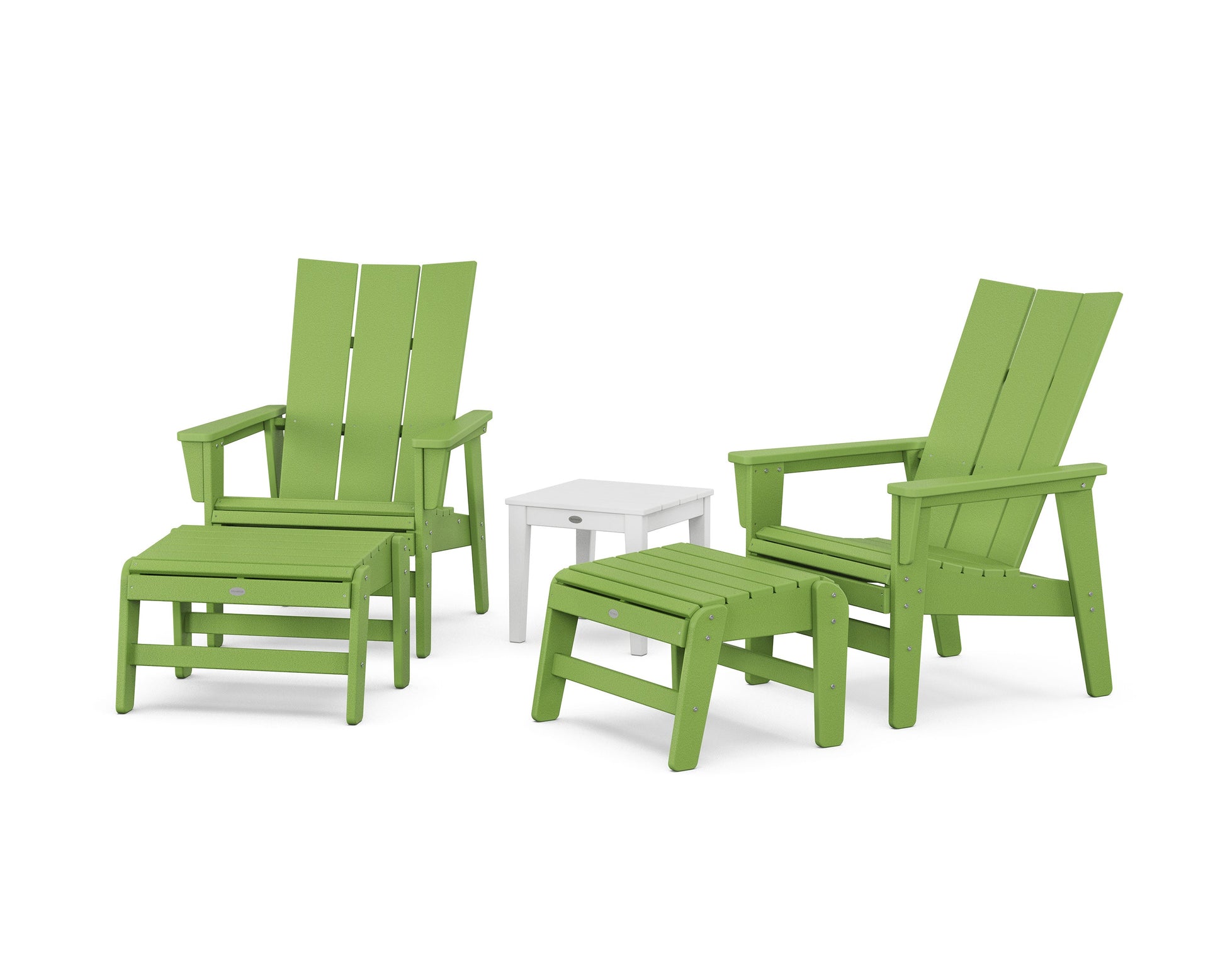 POLYWOOD 5-Piece Modern Grand Upright Adirondack Set with Ottomans and Side Table — Lime / White