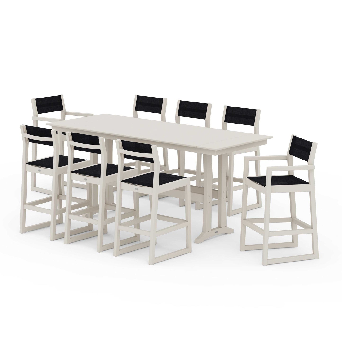 POLYWOOD EDGE Sling 9-Piece Farmhouse Bar Set with Trestle Legs — Sand / Black Sling