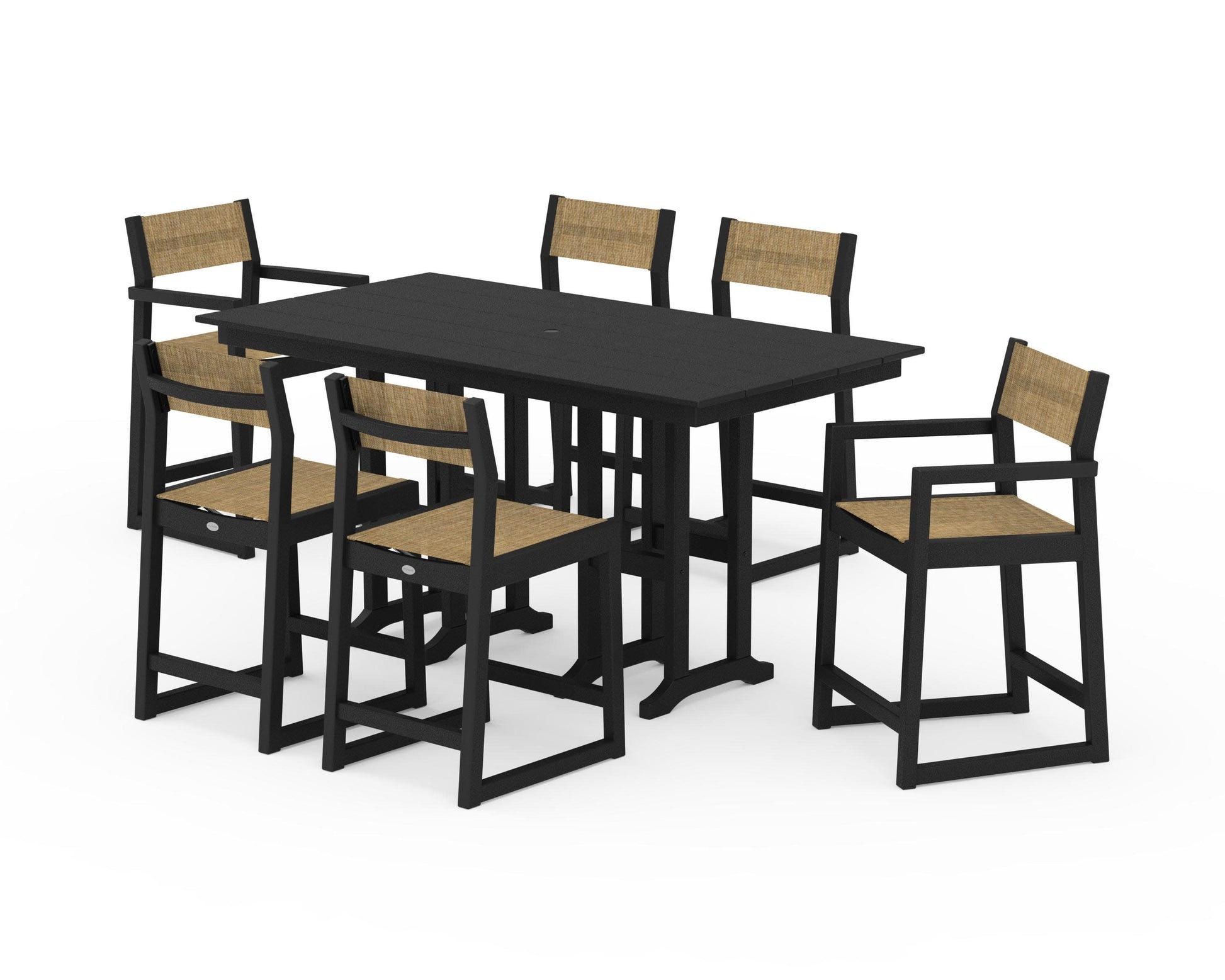 POLYWOOD EDGE Sling 7-Piece Farmhouse Counter Set with Trestle Legs — Black / Burlap Sling