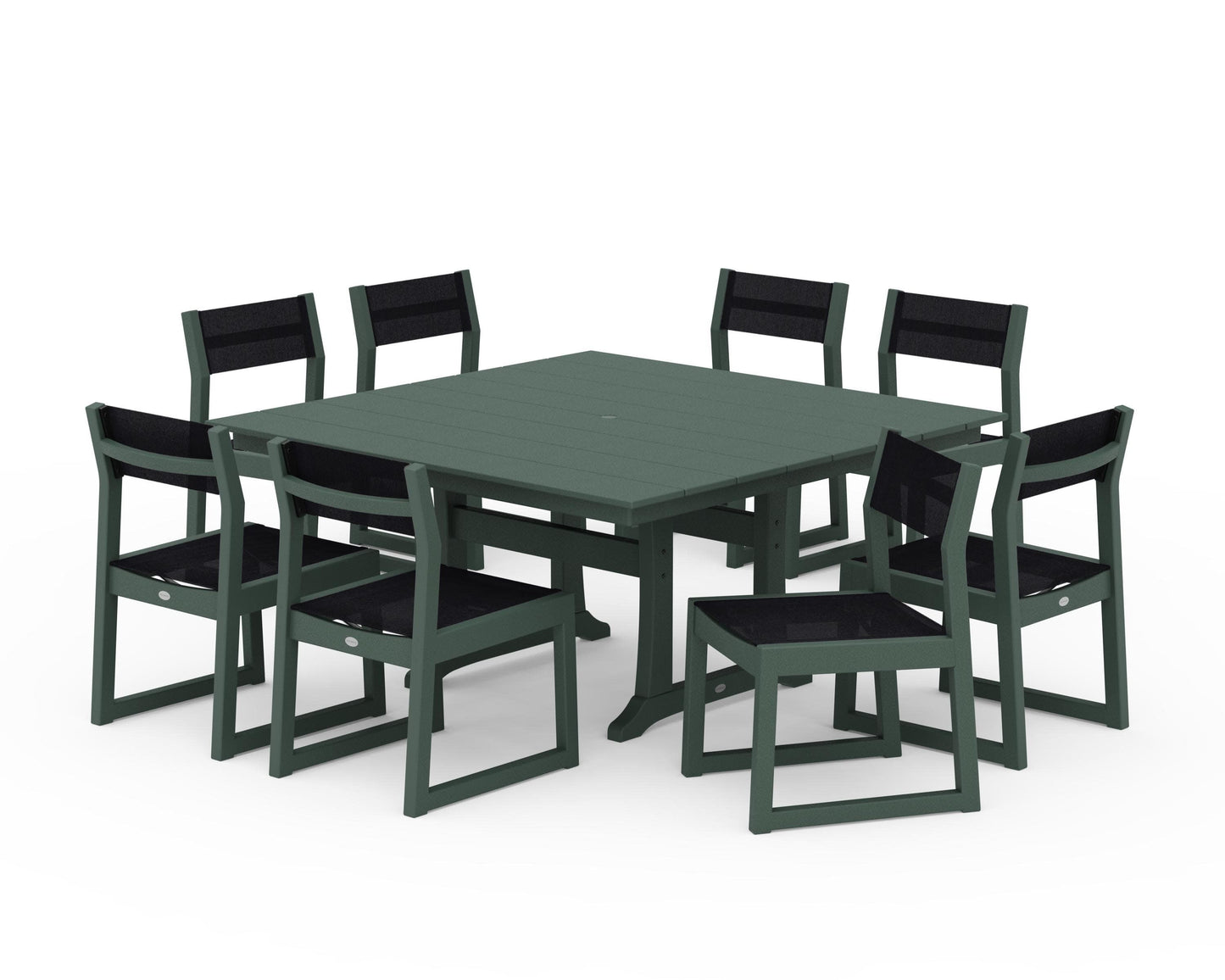 POLYWOOD EDGE Sling Side Chair 9-Piece Farmhouse Trestle Dining Set — Green / Black Sling