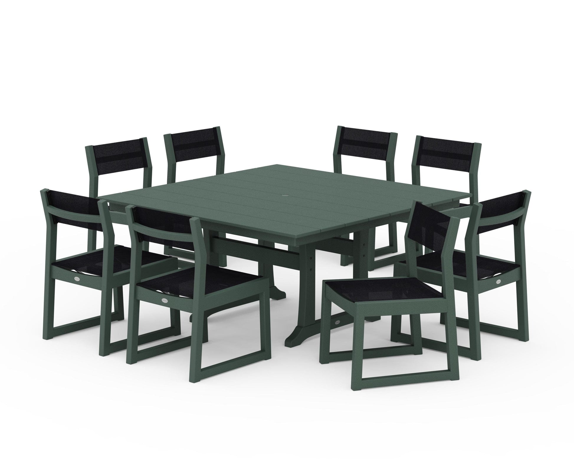 POLYWOOD EDGE Sling Side Chair 9-Piece Farmhouse Trestle Dining Set — Green / Black Sling