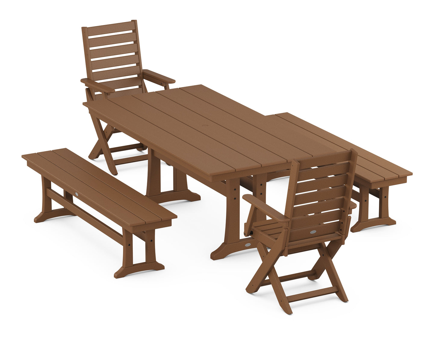 POLYWOOD Captain Folding Chair 5-Piece Farmhouse Dining Set With Trestle Legs — Teak