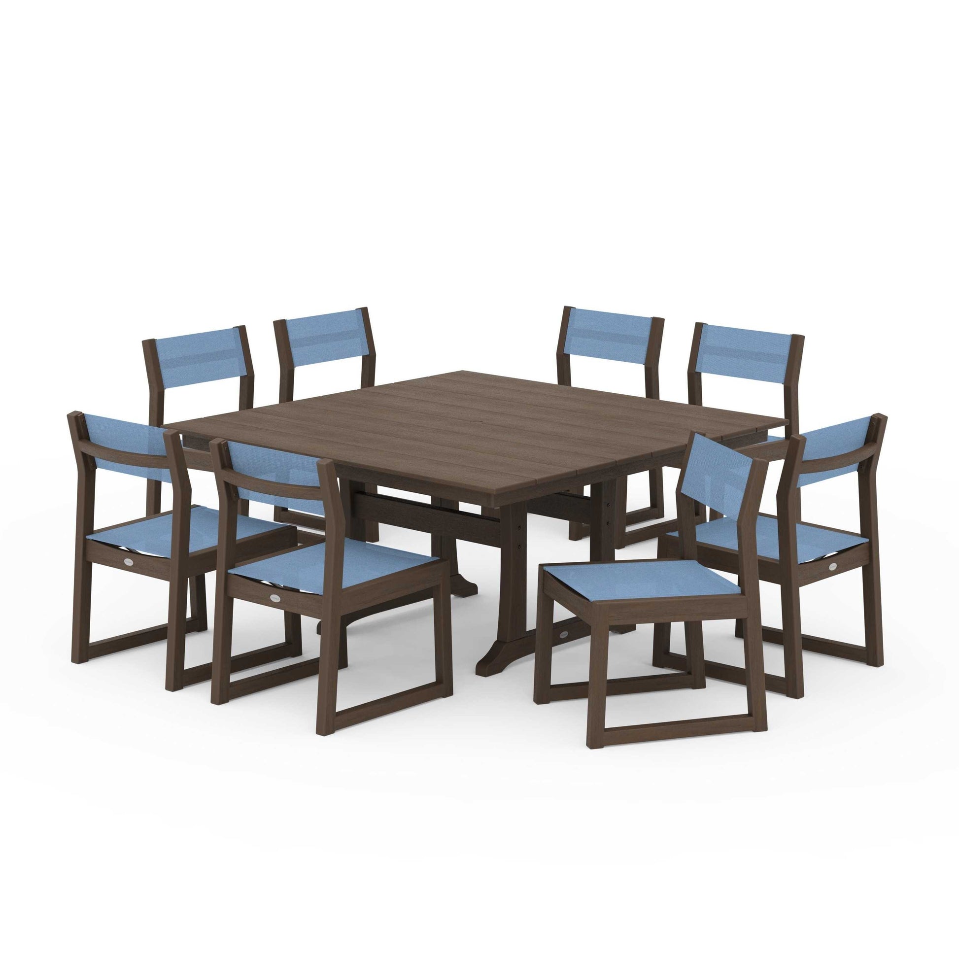 POLYWOOD EDGE Sling Side Chair 9-Piece Farmhouse Trestle Dining Set — Kona / Poolside Sling