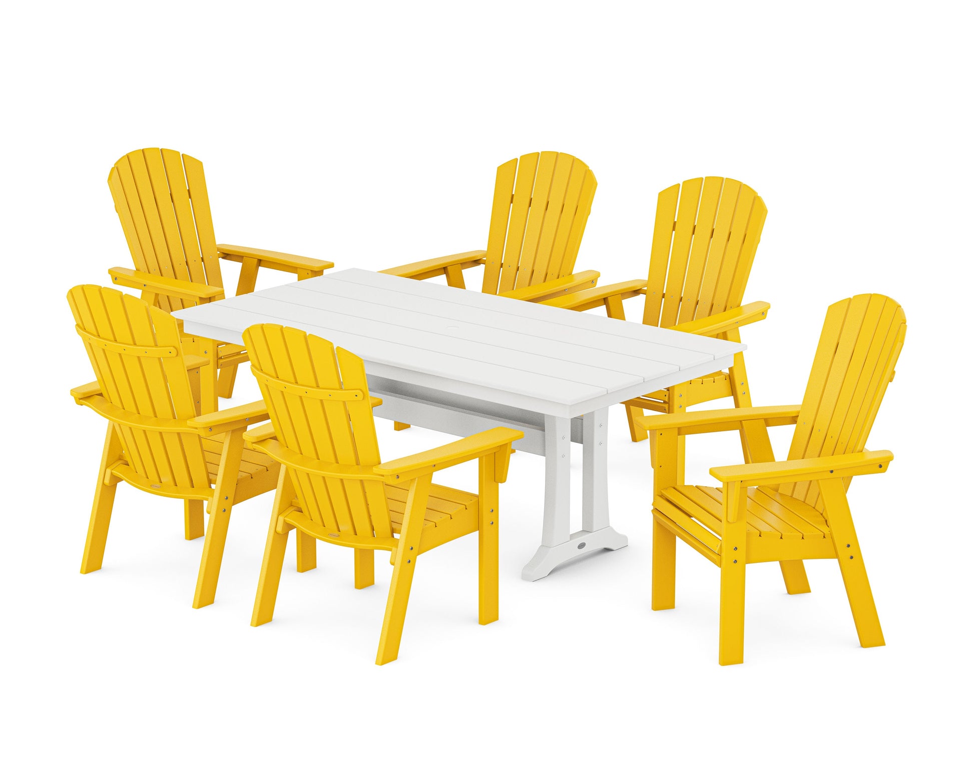 POLYWOOD Nautical Curveback Adirondack 7-Piece Farmhouse Dining Set with Trestle Legs — Lemon / White