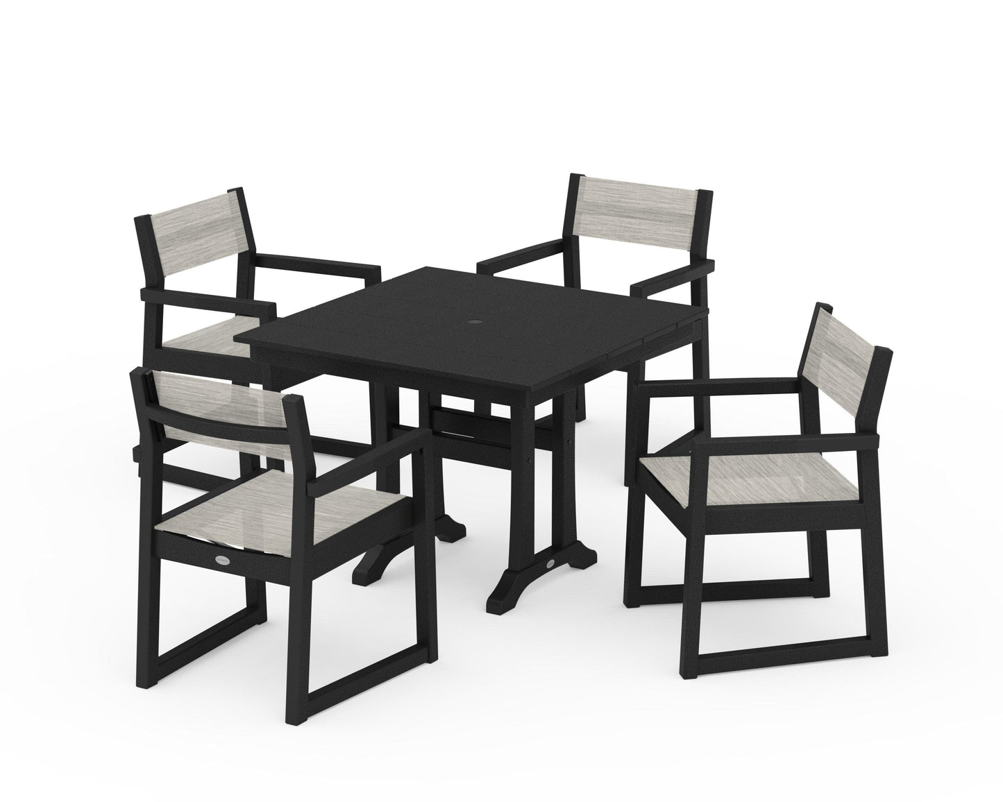 POLYWOOD EDGE Sling 5-Piece Farmhouse Dining Set with Trestle Legs — Black / Birch Sling